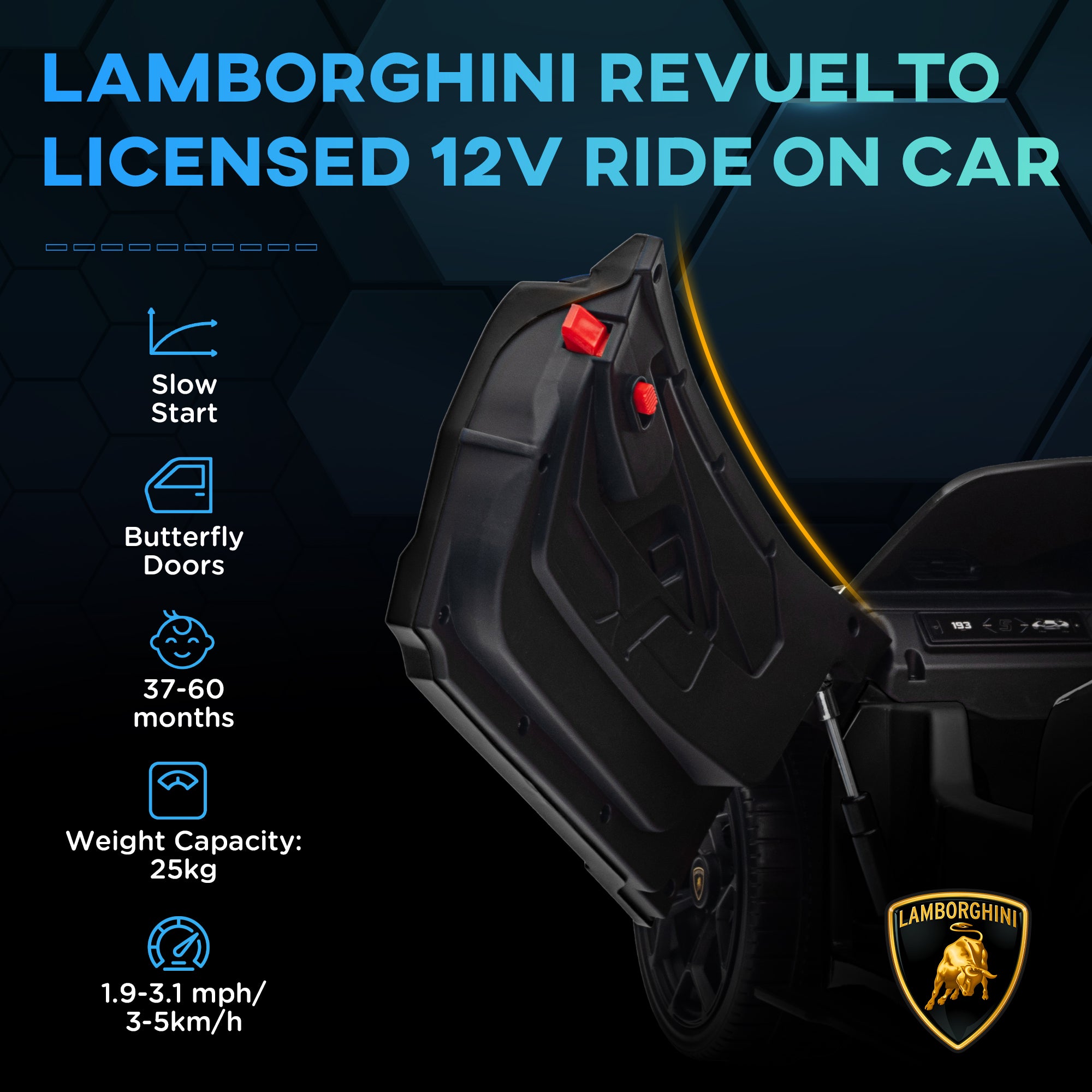 AIYAPLAY Lamborghini Revuelto Licensed 12V Ride on Car w/ Butterfly Doors, Transport Wheels, Suspension, Remote Control, Black - North Peak Garden Furniture
