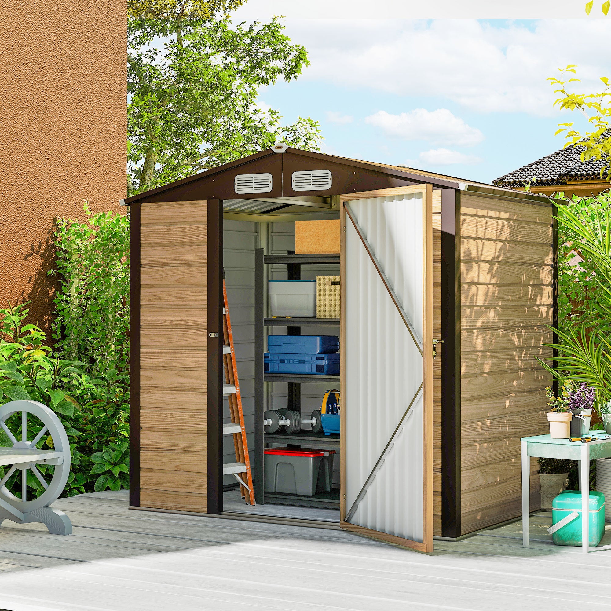 Outsunny 4 x 6ft Galvanised Steel Garden Shed, with Lock and Gloves - Oak