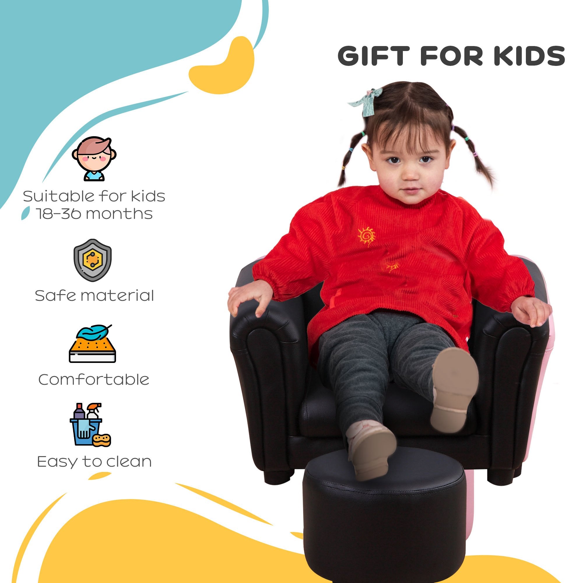 HOMCOM Toddler Chair Single Seater Kids Sofa Set, 54 x 42 x 41cm, Kids Sofa with Stool, Black - North Peak Garden Furniture