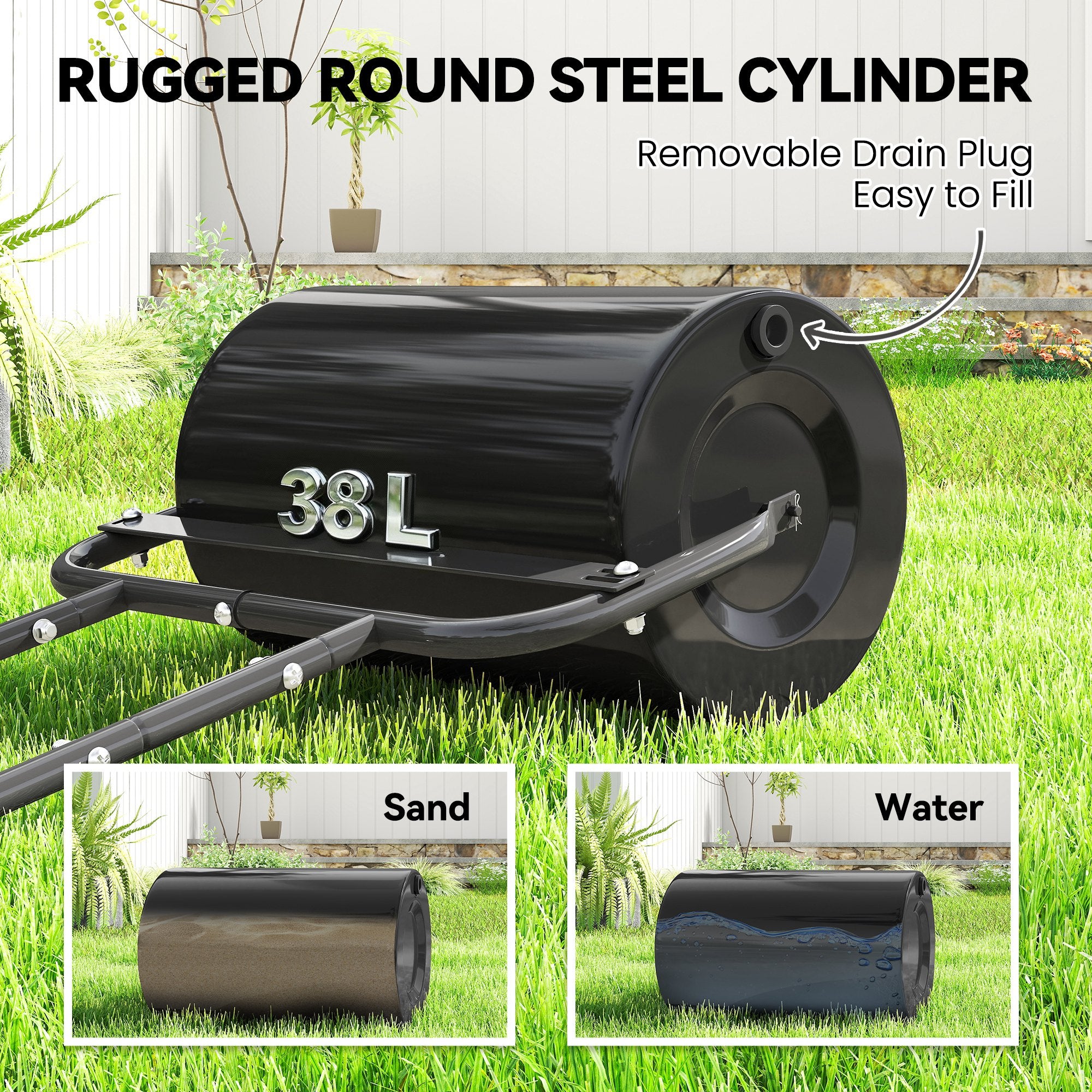 Outsunny 38L Fillable Cylinder Steel Lawn Roller - Black