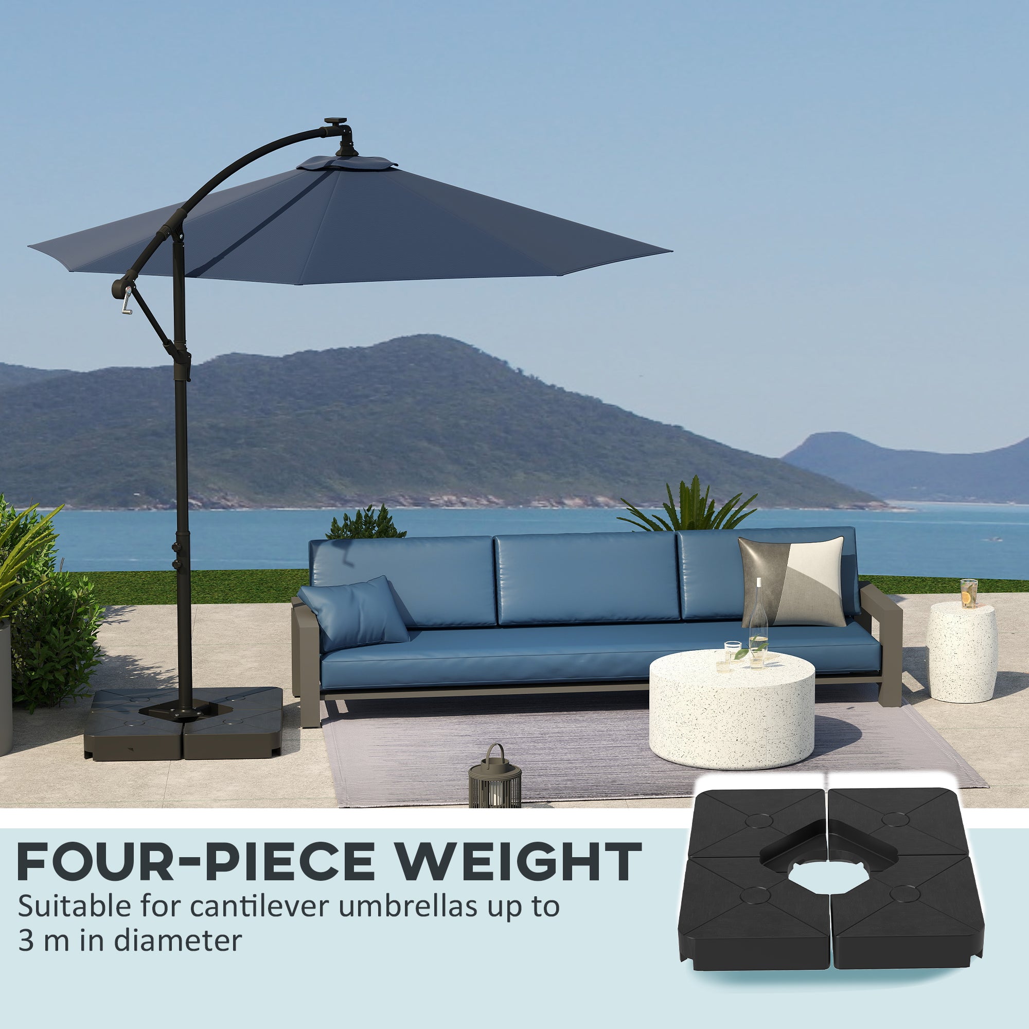 Outsunny Umbrella Weights for Cantilever Parasols, Set of 4 Heavy Duty Parasol Base Weights, 64kg Sand or 55kg Water Filled, Black - North Peak Garden Furniture
