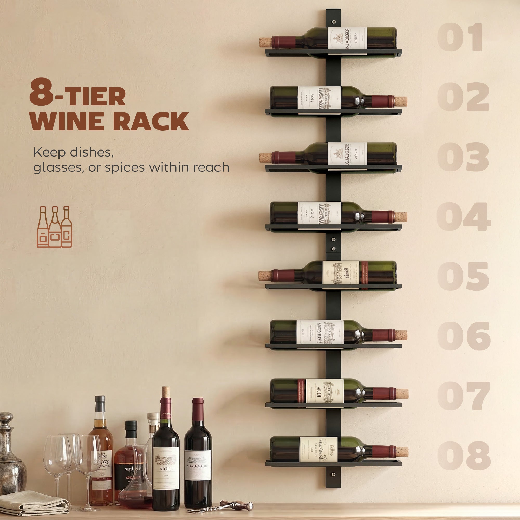HOMCOM Wall Mounted Wine Rack, 8 Tier Metal Wine Display Rack, Storage Holder for Kitchen, Black