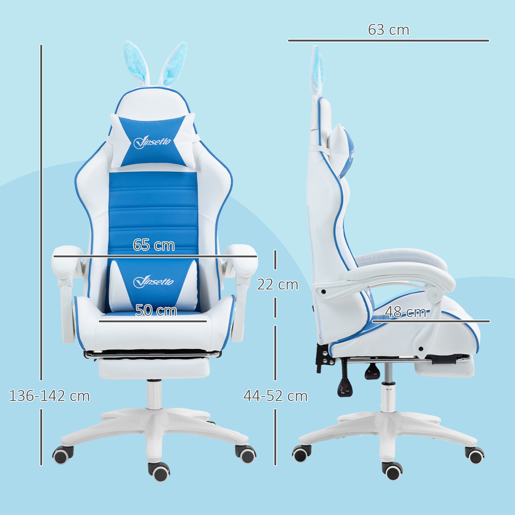 Vinsetto Racing Gaming Chair, Reclining PU Leather Computer Chair with Removable Rabbit Ears, Footrest and Lumber Support, Blue - North Peak Garden Furniture