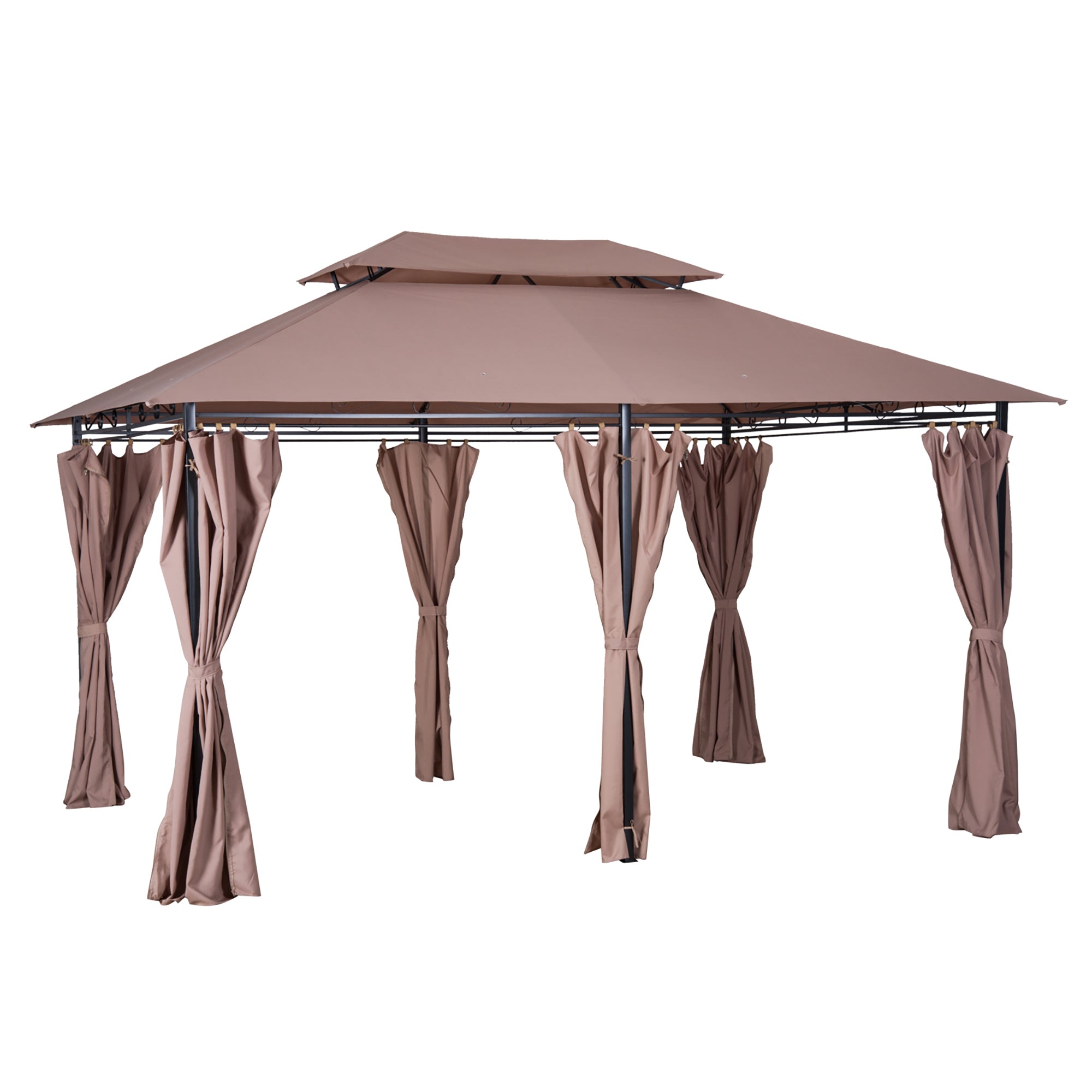 Outsunny 4m x 3(m)Garden Gazebo, Double Roof Outdoor Gazebo Canopy Shelter with Curtains, Solid Steel Frame for Lawn and Deck, Brown - North Peak Garden Furniture
