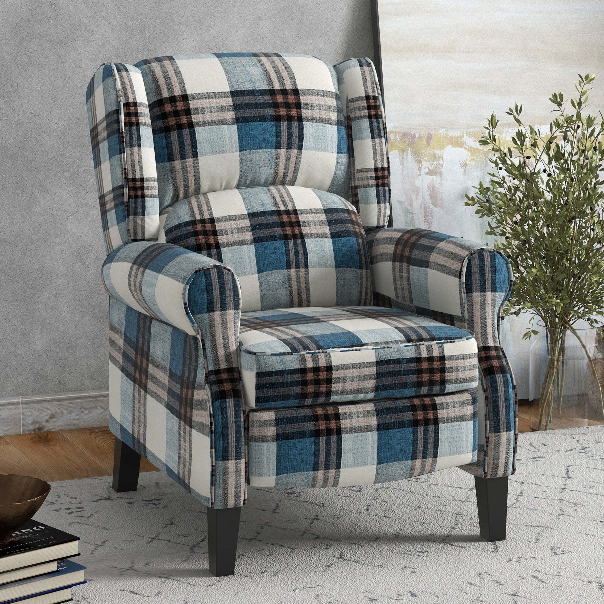 HOMCOM Wingback Reclining Chair Push Back Recliner Armchair for Living Room Bedroom with Footrest Armrests Wood Legs Blue - North Peak Garden Furniture