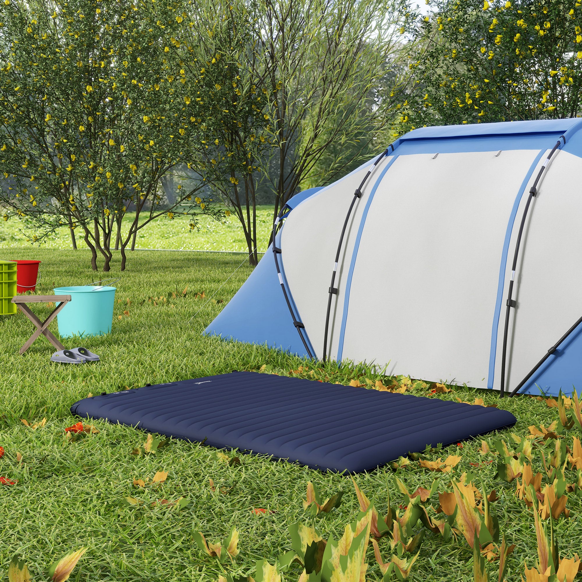 Outsunny Double Inflatable Mattress, with Built-In Pump - Blue - North Peak Garden Furniture