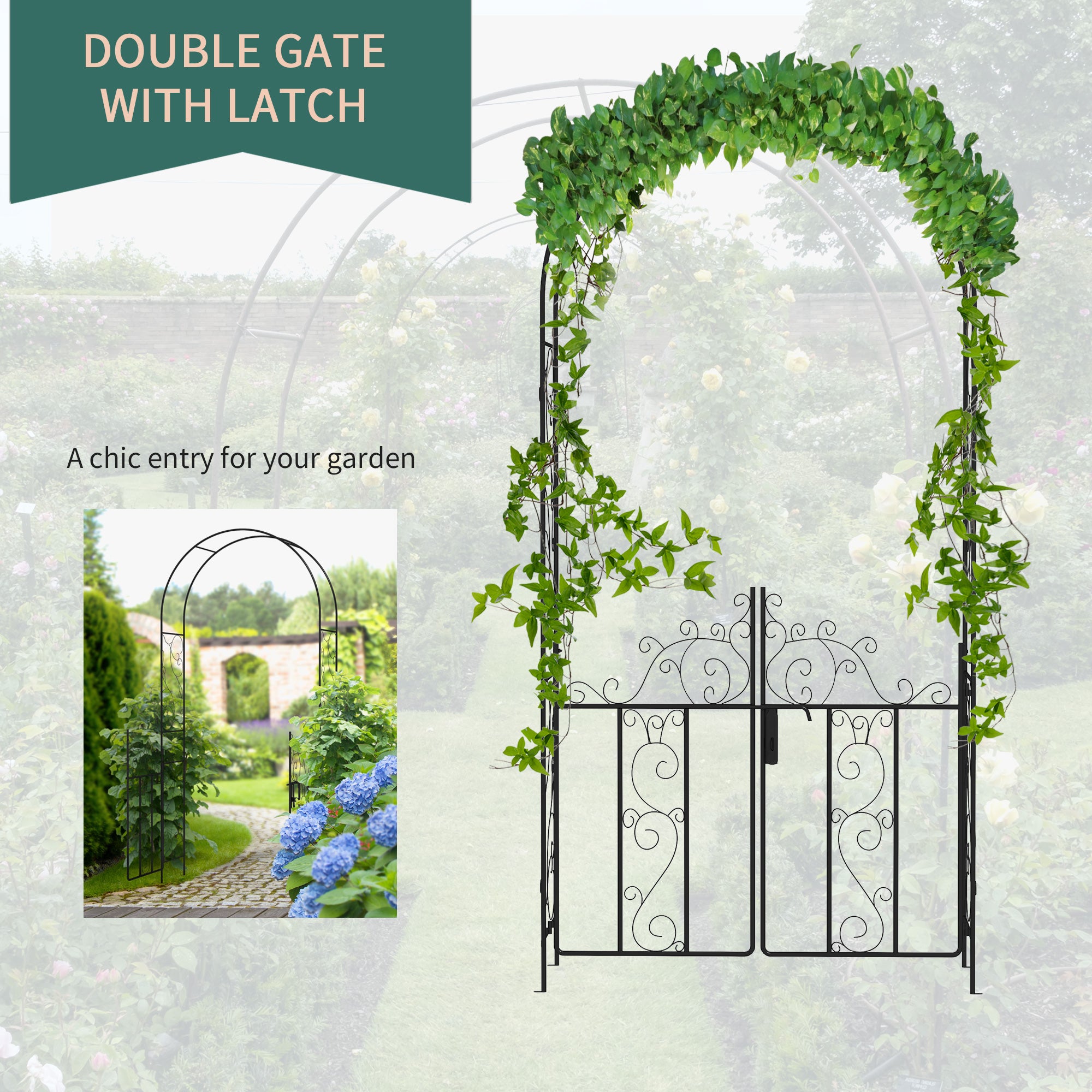 Outsunny Outdoor Garden Arch with Double Gates, Metal Garden Arbor for Climbing Plants, Roses, Vines, Wedding Arch for Outdoor, 125L x 38W x 227H cm, Black - North Peak Garden Furniture