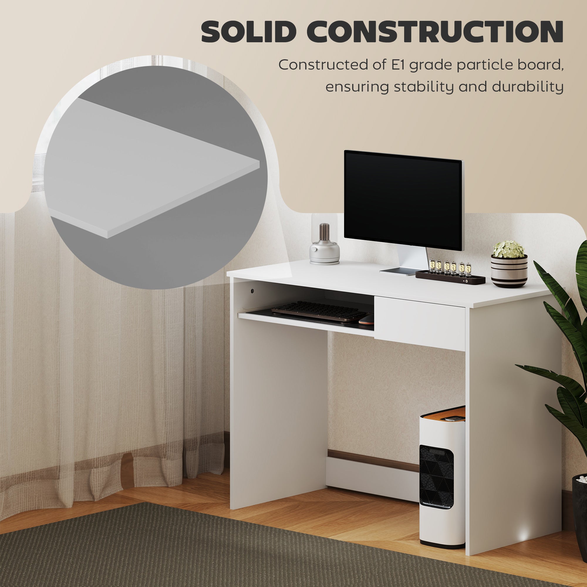 HOMCOM 100cm Compact Computer Desk with Keyboard Tray, Home Office Desk with Drawer for Bedroom Study, White - North Peak Garden Furniture