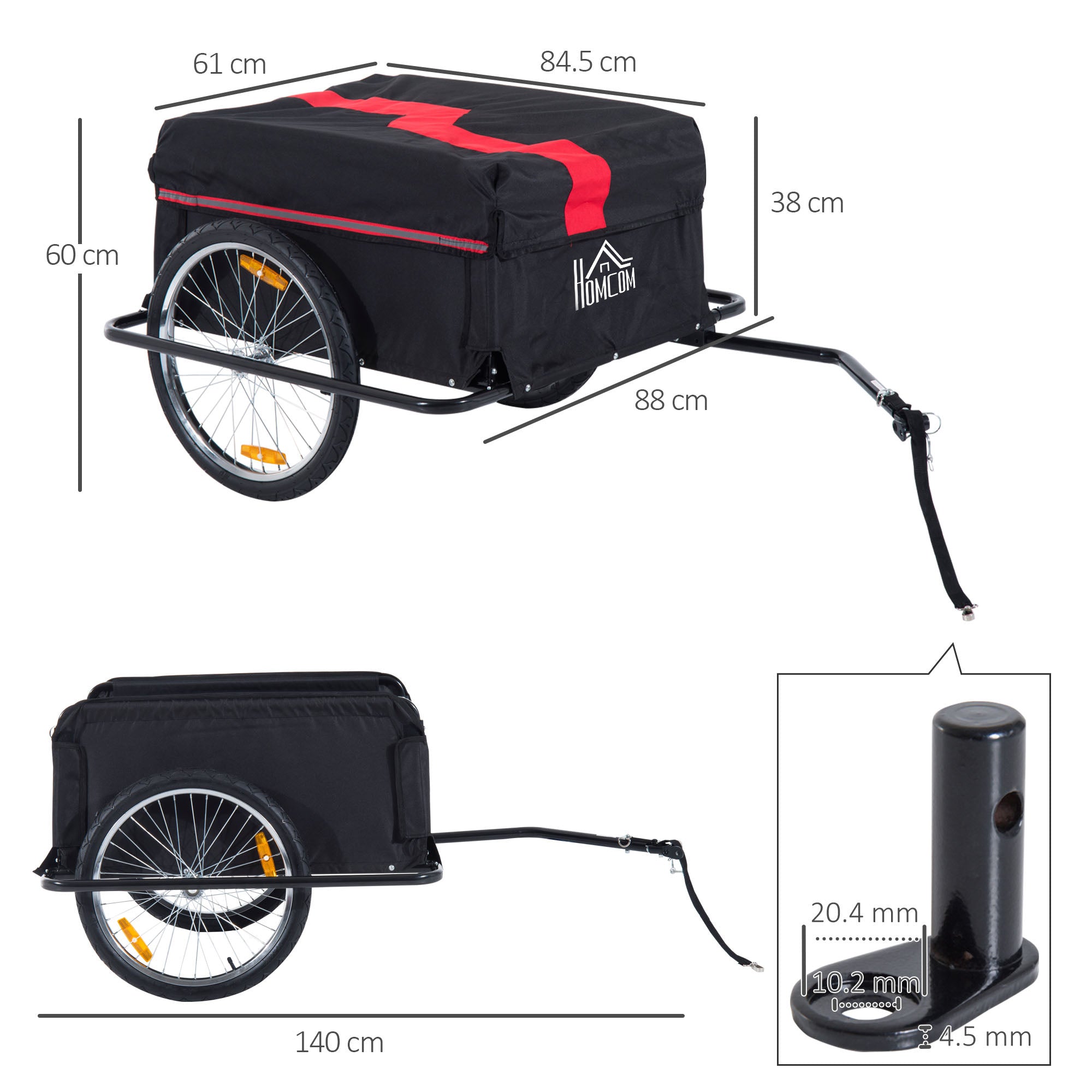 HOMCOM Two-Wheel Bicycle Large Cargo Wagon Trailer Oxford Fabric, Folding Storage, & Removable Cover, Red&Black - North Peak Garden Furniture