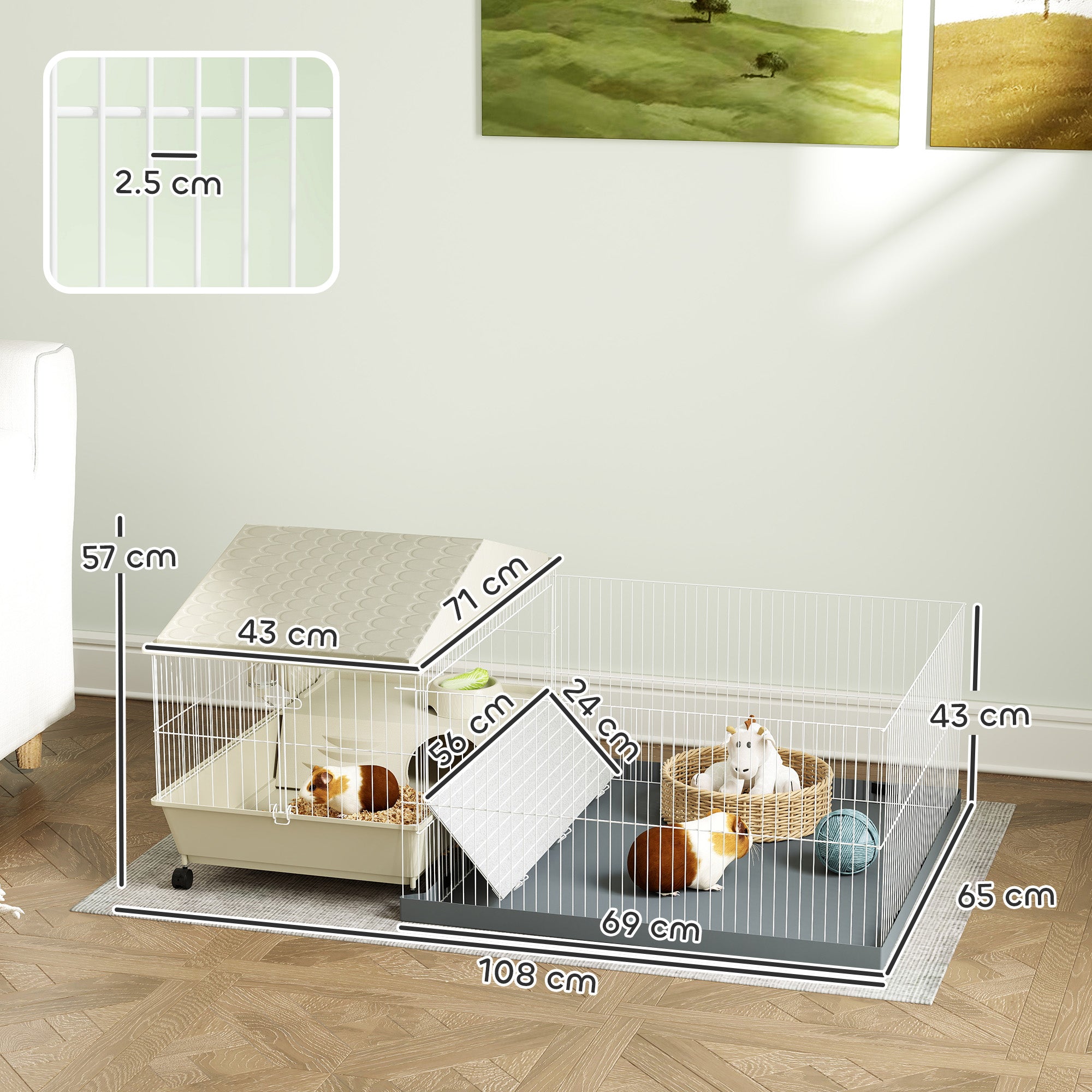 PawHut Small Animal Cage with Removable Pet Playpen, Guinea Pig Cage with Waterproof Pad, Hay Feeder, 108 x 71 x 57cm, Beige - North Peak Garden Furniture