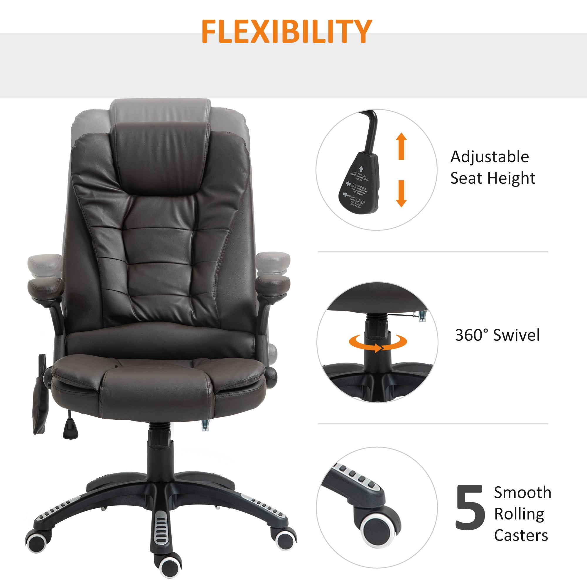 HOMCOM Executive Office Chair with Massage and Heat, High Back PU Leather Massage Office Chair with Adjustable Height, Brown - North Peak Garden Furniture