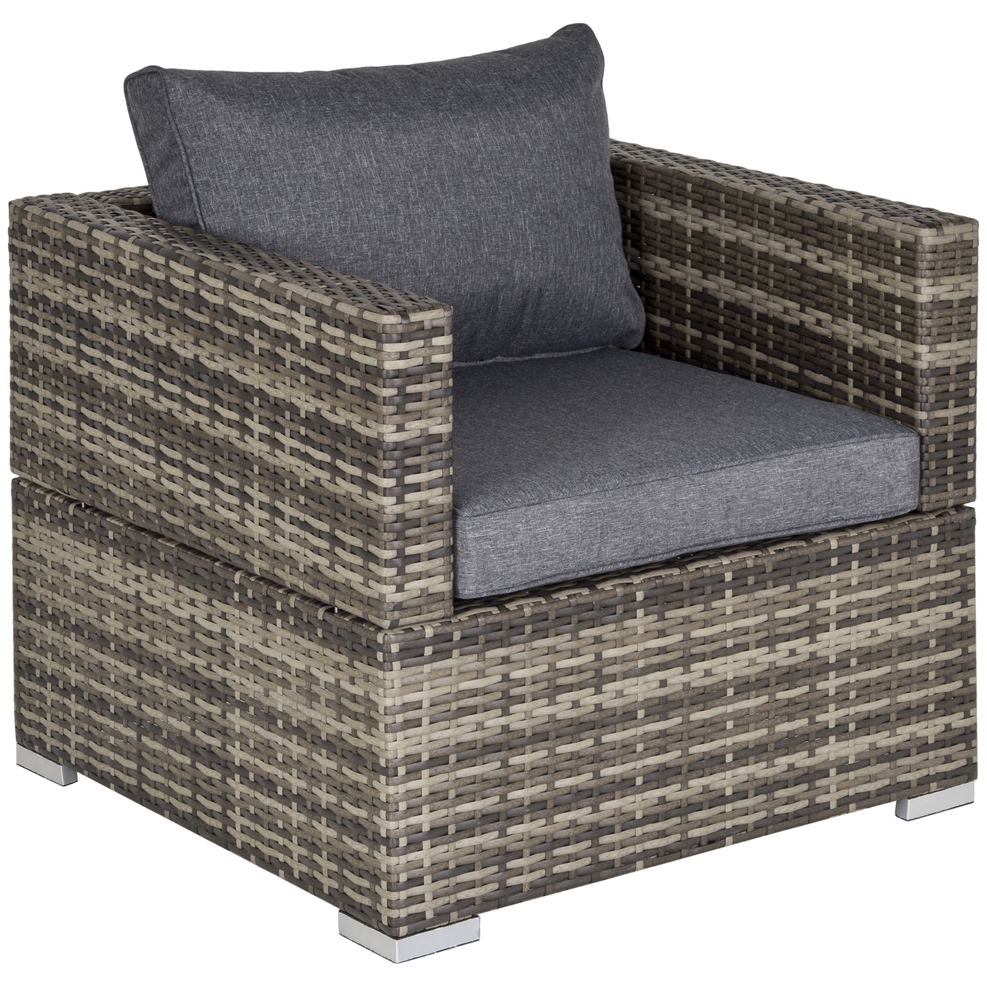 Outsunny Single Seater Rattan Chair Sofa with Padded Cushions, All-Weather PE Wicker Weave Garden Armchair with Armrests, Dark Grey - North Peak Garden Furniture