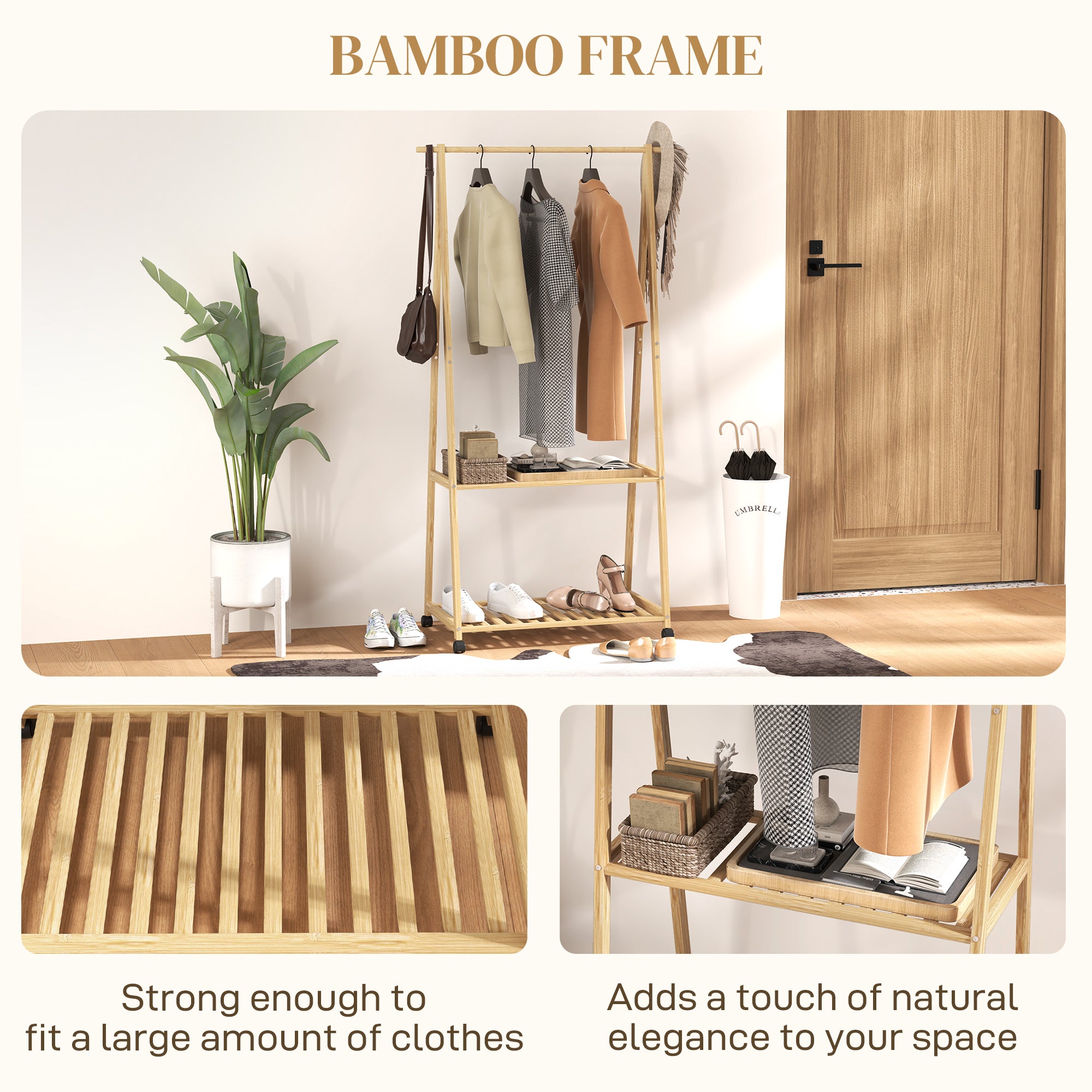 HOMCOM Bamboo Clothes Rack, with Shelves and Hooks - Natural Finish - North Peak Garden Furniture