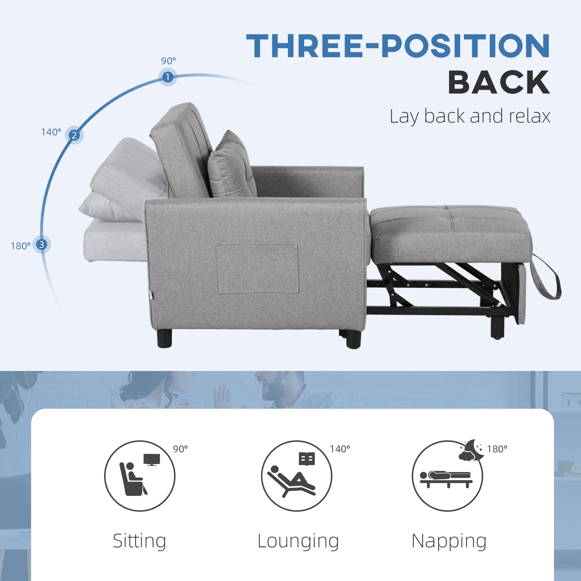 HOMCOM 3-In-1 Convertible Chair Bed, Pull Out Sleeper Chair with Adjustable Backrest, Side Pockets, Light Grey - North Peak Garden Furniture