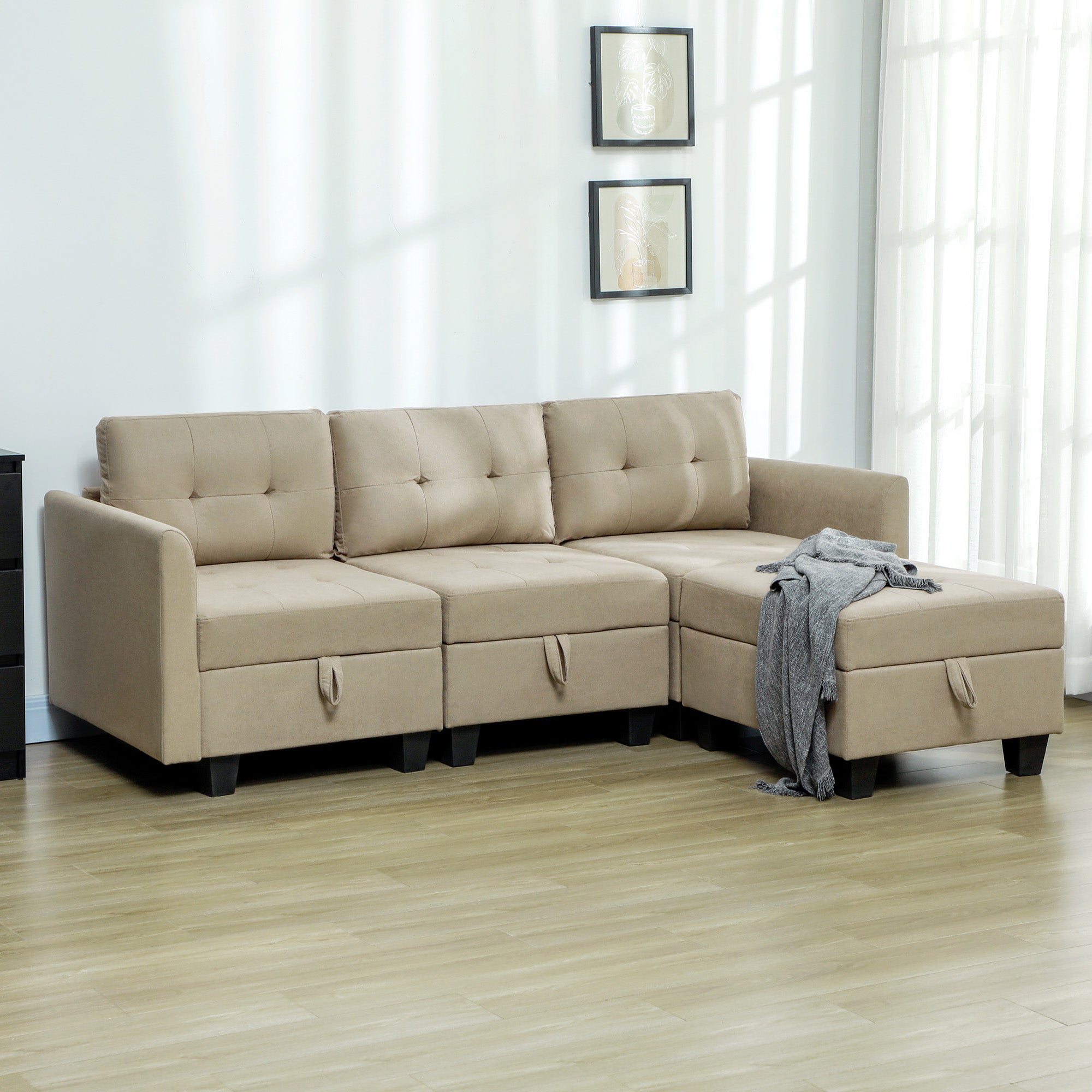 HOMCOM 'L' Shape Modular Sofa, with Storage - Light Brown - North Peak Garden Furniture