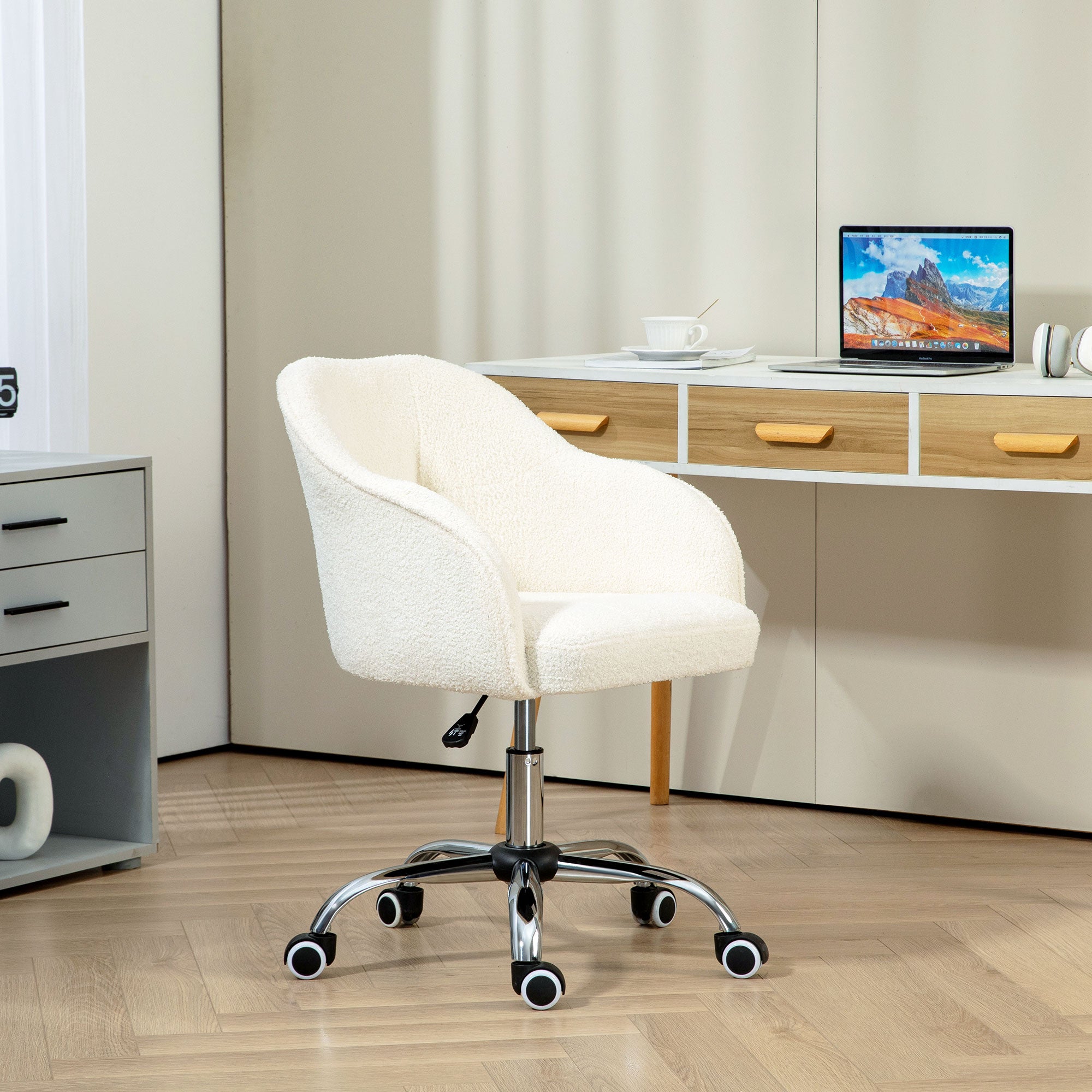 HOMCOM Teddy Fleece Swivel Office Chair - Cream - North Peak Garden Furniture