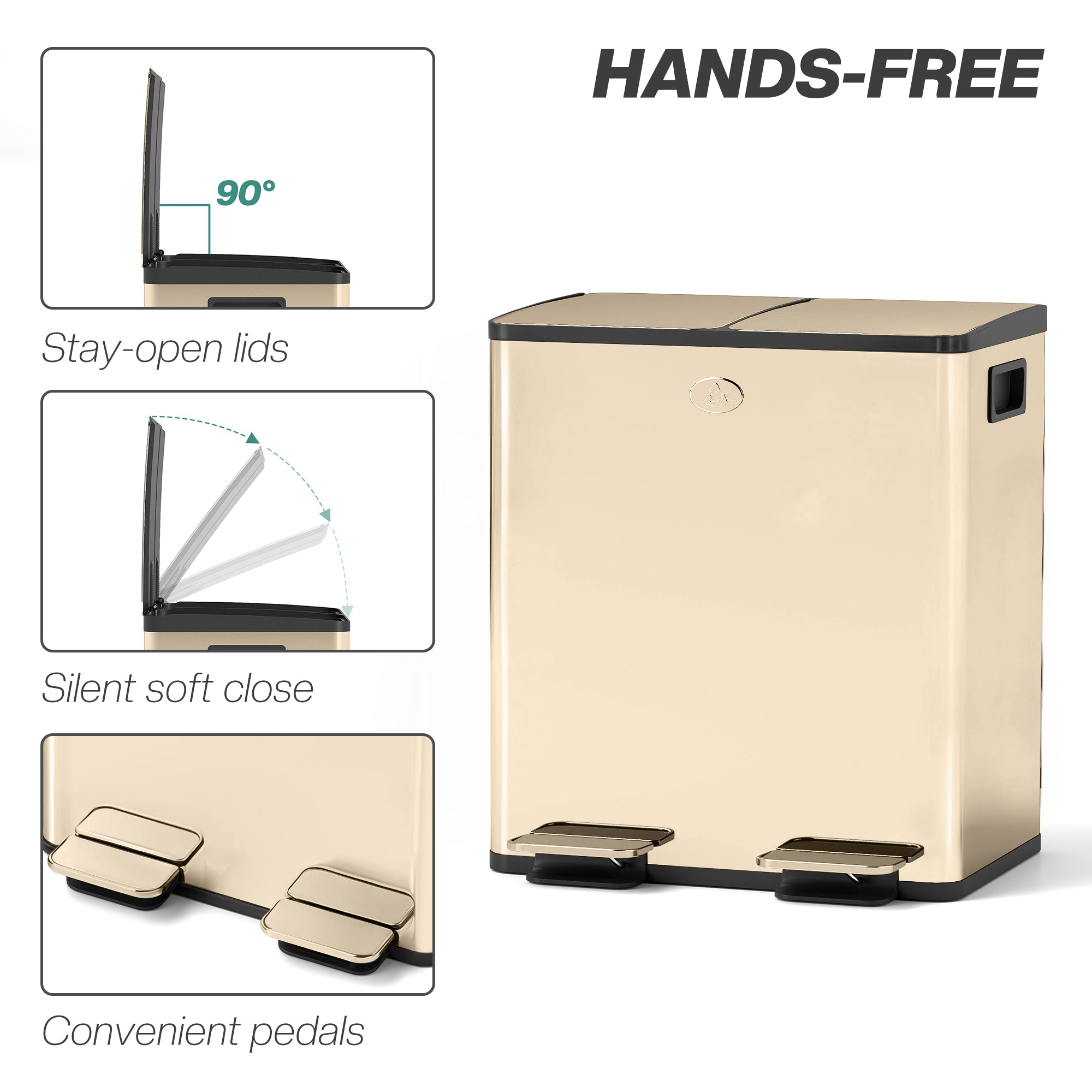HOMCOM 40L Dual Compartment Stainless Steel Bin, with Deodoriser Holders - Gold Tone - North Peak Garden Furniture