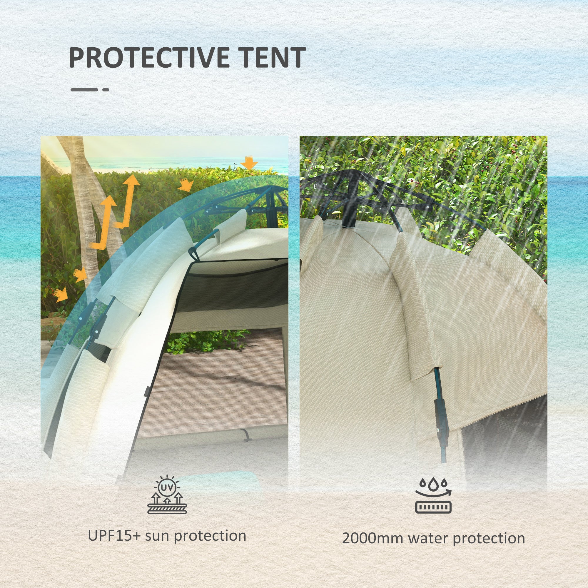 Outsunny 2-3 Person Pop Up Beach Tent, UPF15+ Sun Shelter with Extended Floor, Sandbags, Mesh Windows and Carry Bag, Khaki | Aosom UK