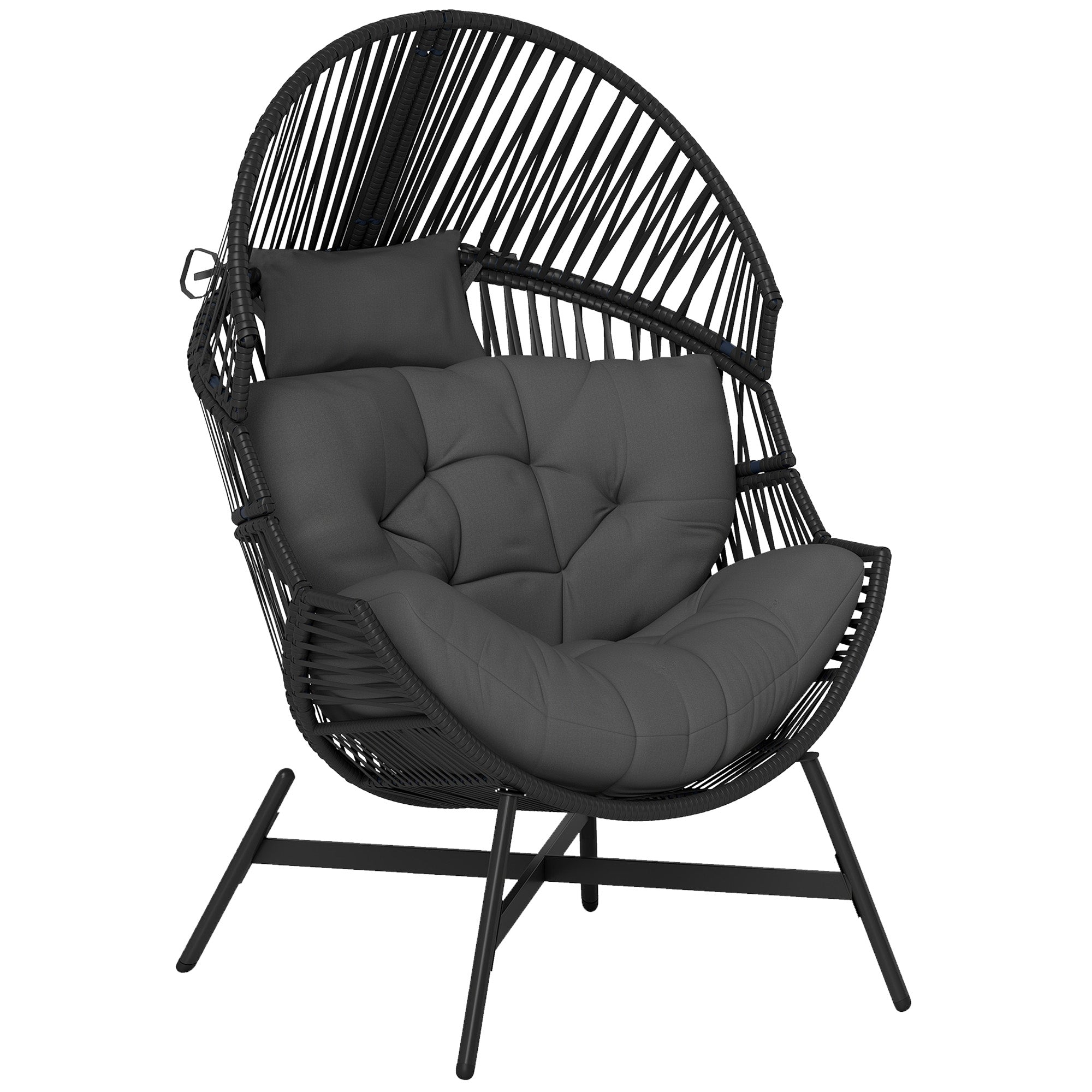 Outsunny Standing Rattan Egg Chair Outdoor, Oversized Wicker Garden Egg Chair with Thick Tufted Cushion, Headrest, Steel Frame, Charcoal Grey