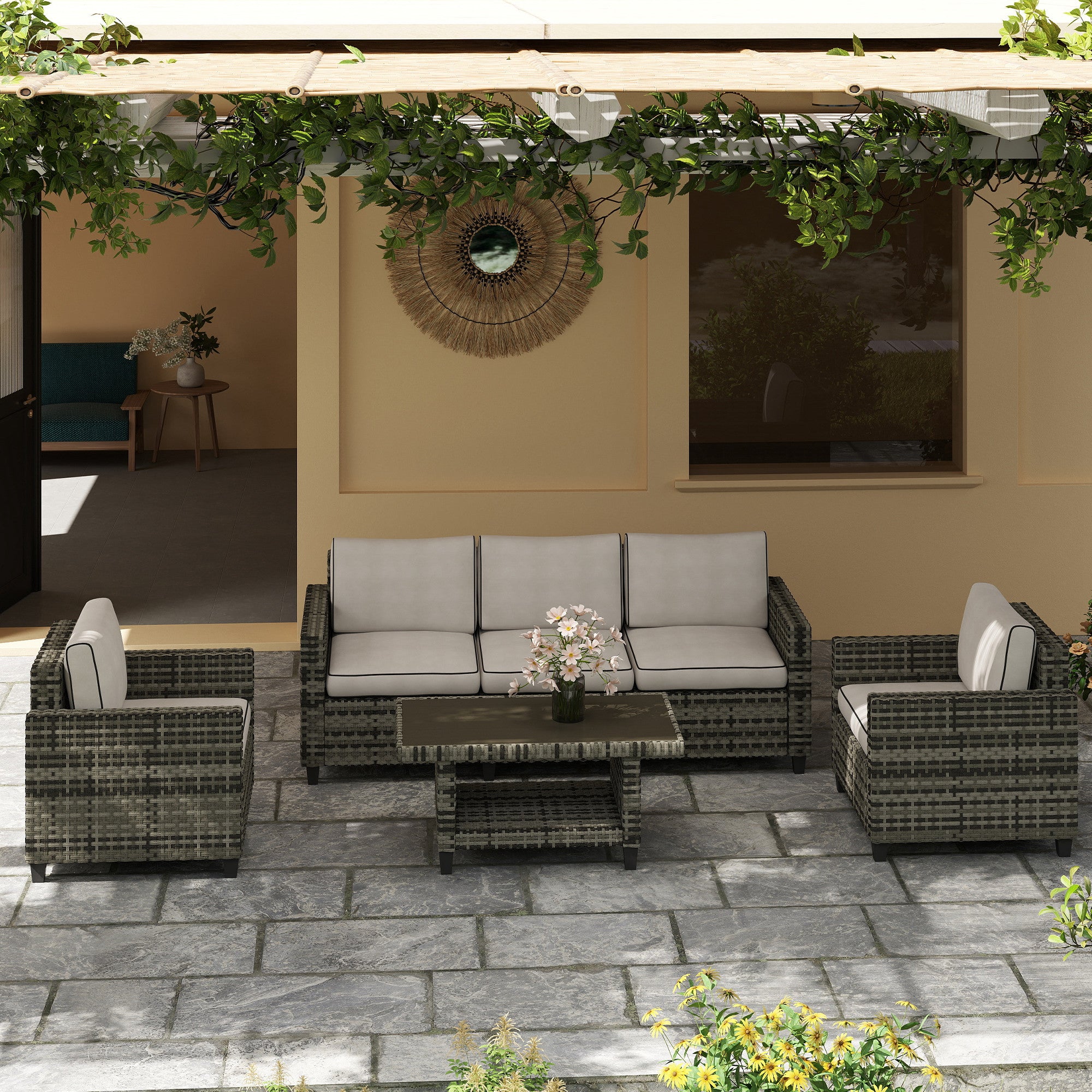 Outsunny Six-Piece Modular Rattan Sofa Set - Light Grey - North Peak Garden Furniture