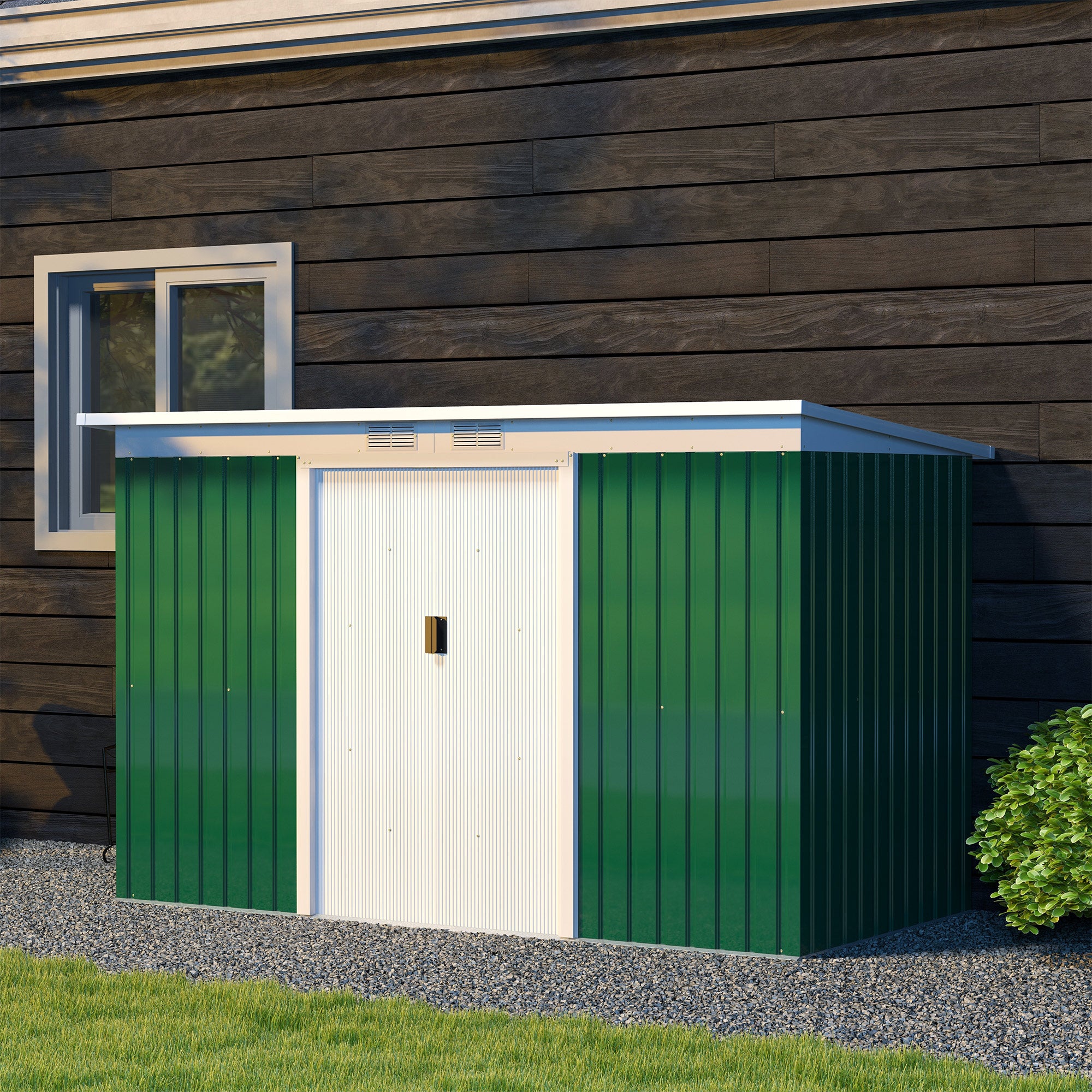 Outsunny 9ft x 4ft Metal Garden Shed, Outdoor Tool House with Foundation Kit, Ventilations and Double Doors, Deep Green - North Peak Garden Furniture
