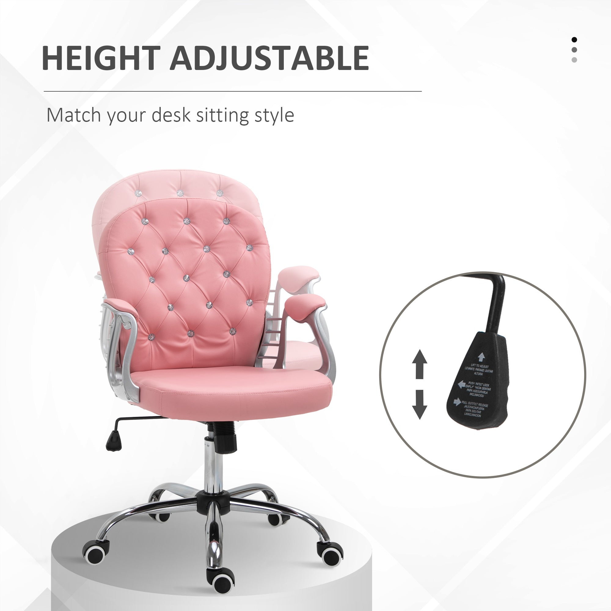 Vinsetto Office Chair Ergonomic 360° Swivel PU Diamante Padded Base 5 Castor Wheels for Home Work Pink - North Peak Garden Furniture