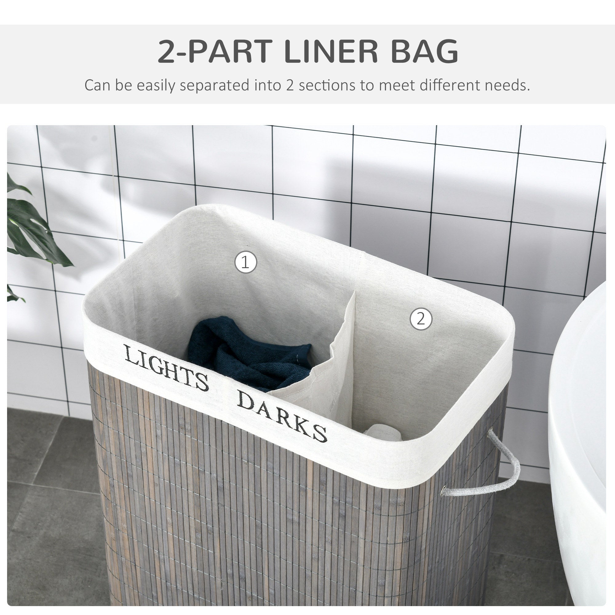 HOMCOM 100L Laundry Basket with Lid String Handles, 2 Section Collapsible Hamper Removable Lining Foldable Water-Resistant Dirty Clothes Storage, Grey - North Peak Garden Furniture