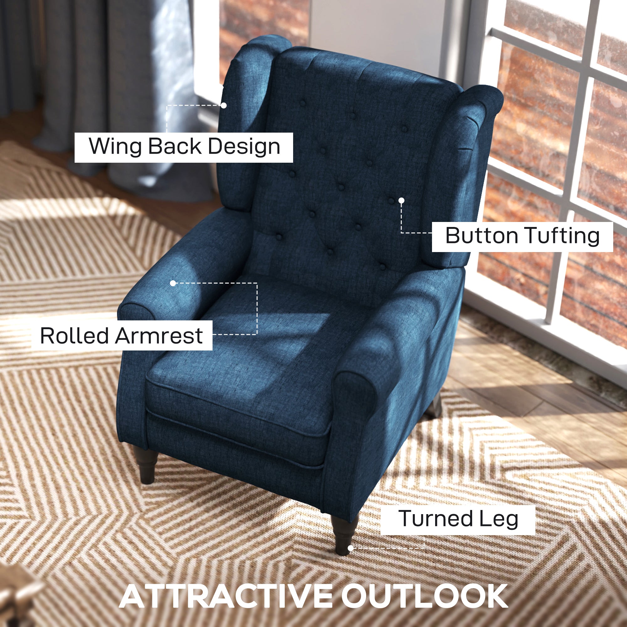 HOMCOM Wingback Accent Chair, Retro Upholstered Button Tufted Occasional Chair for Living Room and Bedroom, Blue - North Peak Garden Furniture