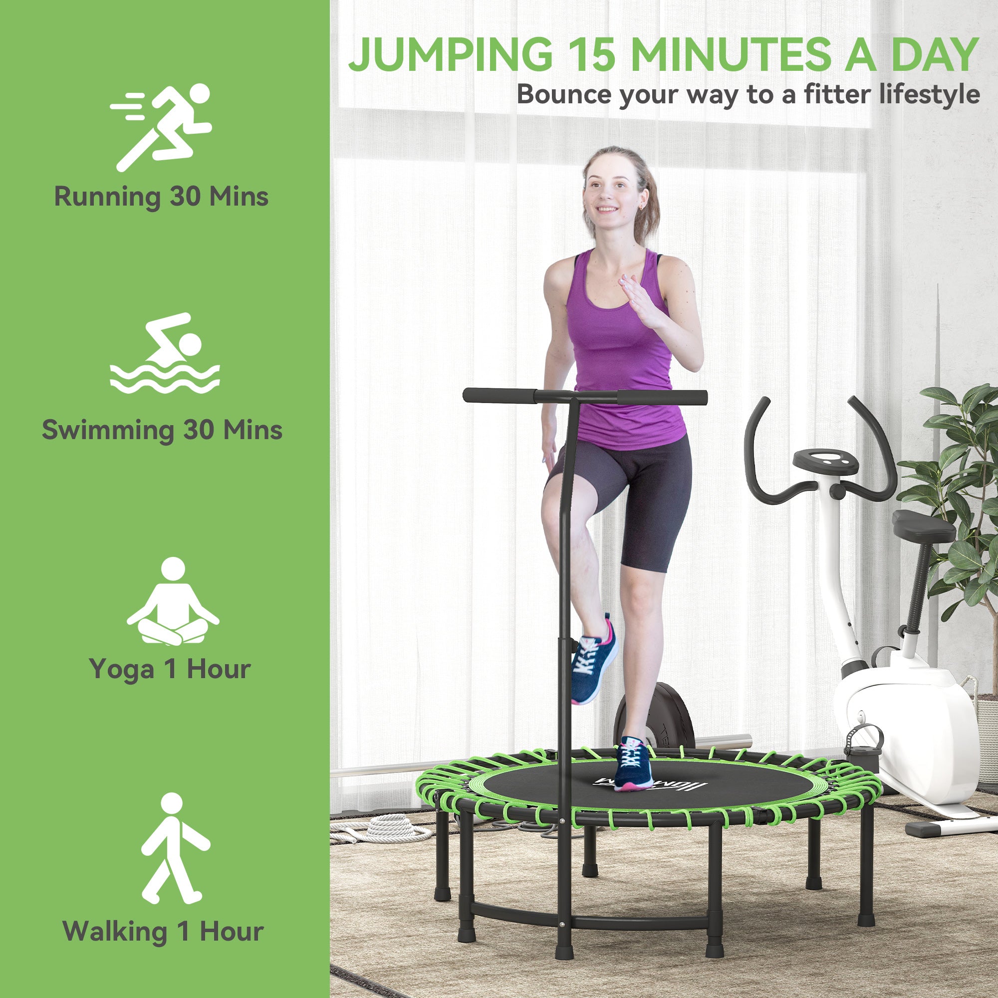 HOMCOM Mini Round Steel Frame Trampoline w/ Adjustable Handle, Green - North Peak Garden Furniture