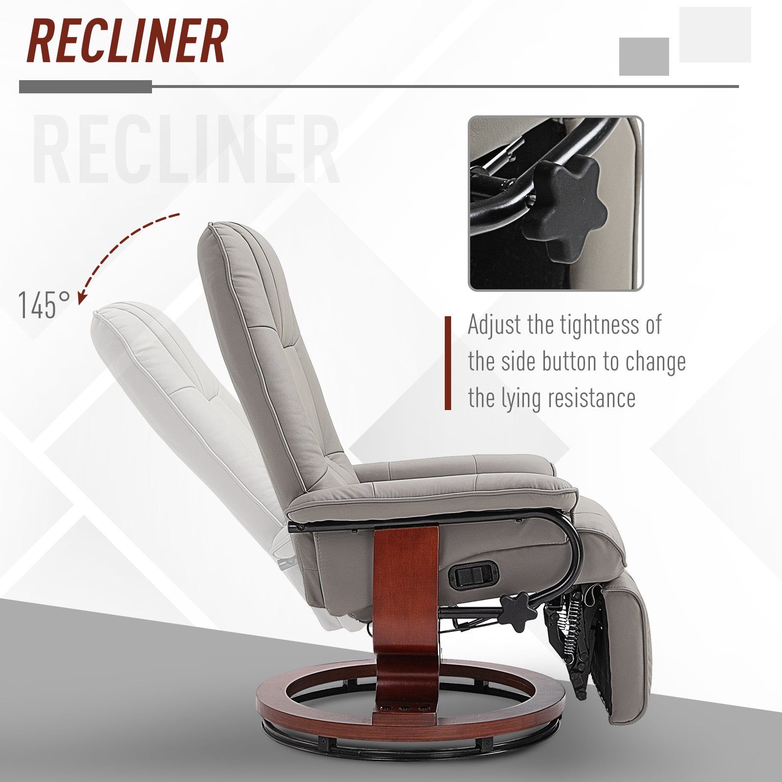 HOMCOM Manual Recliner Chair Armchair Sofa with Faux Leather Upholstered Wooden Base for Living Room Bedroom, Grey - North Peak Garden Furniture