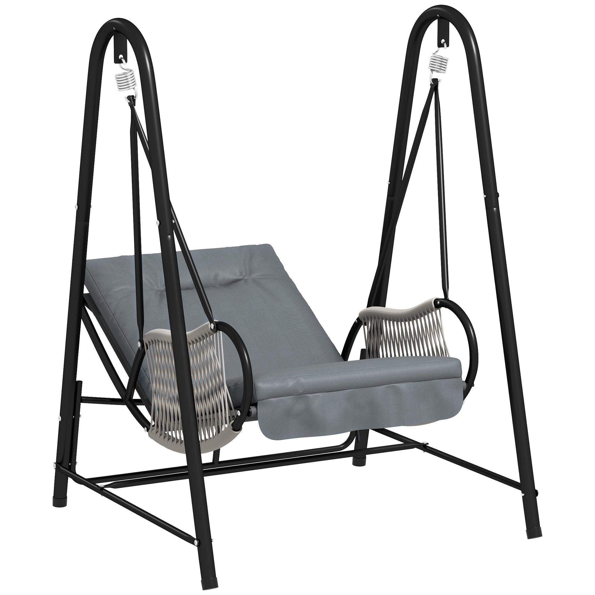 Outsunny Rattan Swing Chair, Outdoor Garden Hanging Swing Seat with Stand and Seat Cushion, Porch Hanging Chair for Balcony, Garden, Deck, Light Grey - North Peak Garden Furniture