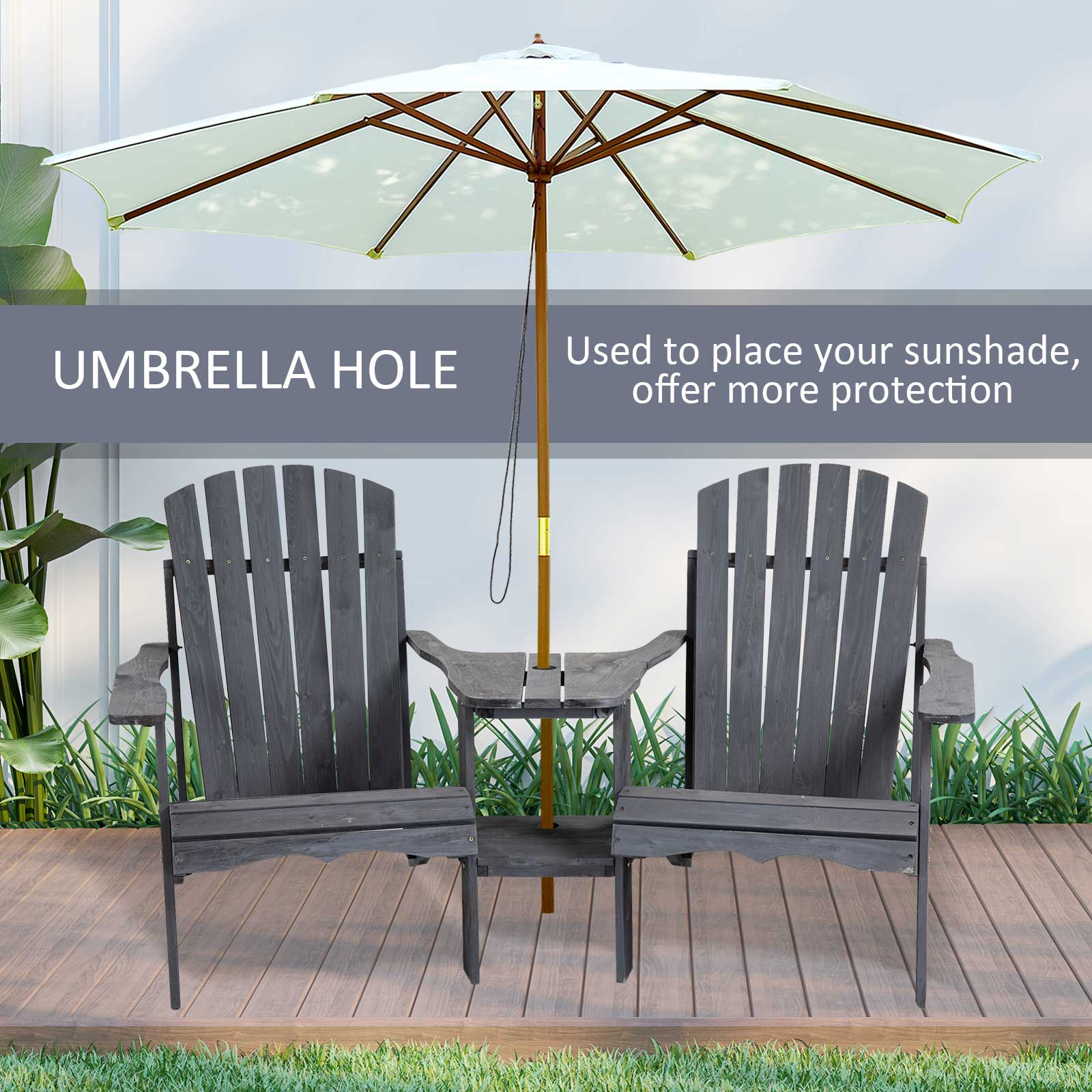 Outsunny Wooden Outdoor Double Adirondack Chairs Loveseat w/ Centre Table and Umbrella Hole, Garden Patio Furniture for Lounging and Relaxing, Dark Grey - North Peak Garden Furniture