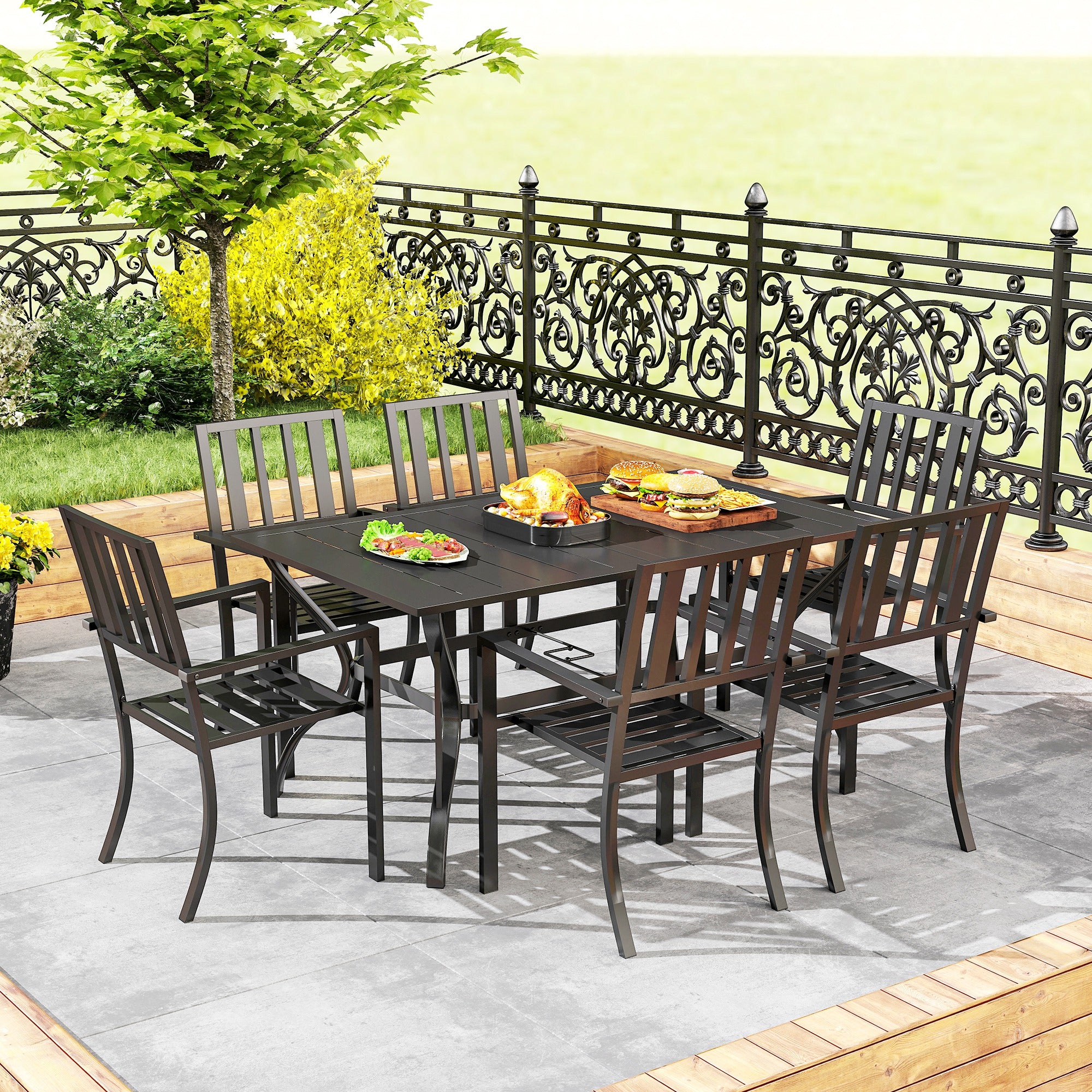 Outsunny 7 Pieces Garden Table and Chairs 6 Seater Outdoor Table and Chairs with Umbrella Hole, for Poolside, Garden, Black - North Peak Garden Furniture