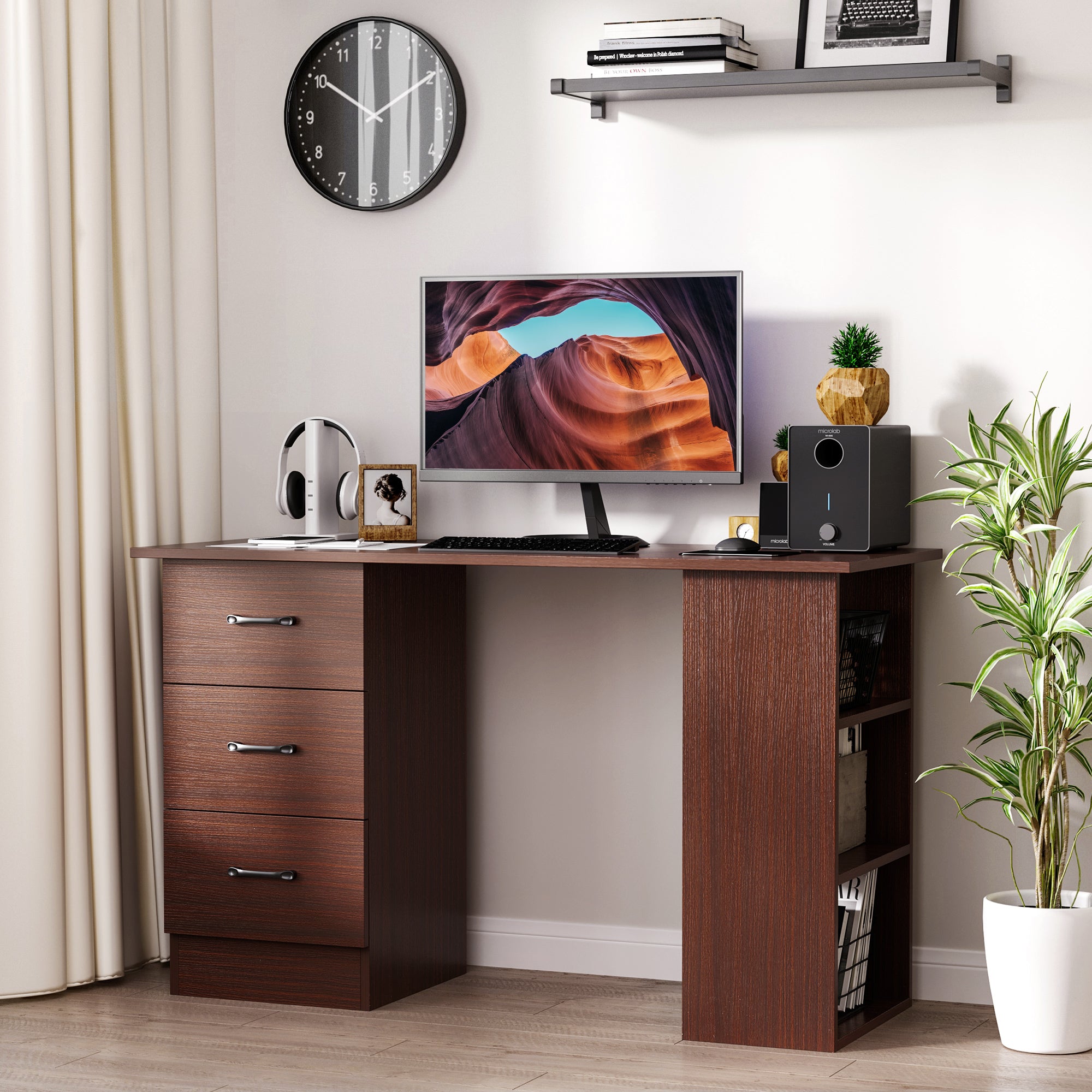HOMCOM Computer Desk, Writing Table, PC Workstation with 3 Storage Shelves and Drawers, Black Handle, for Home Office, Walnut Brown - North Peak Garden Furniture