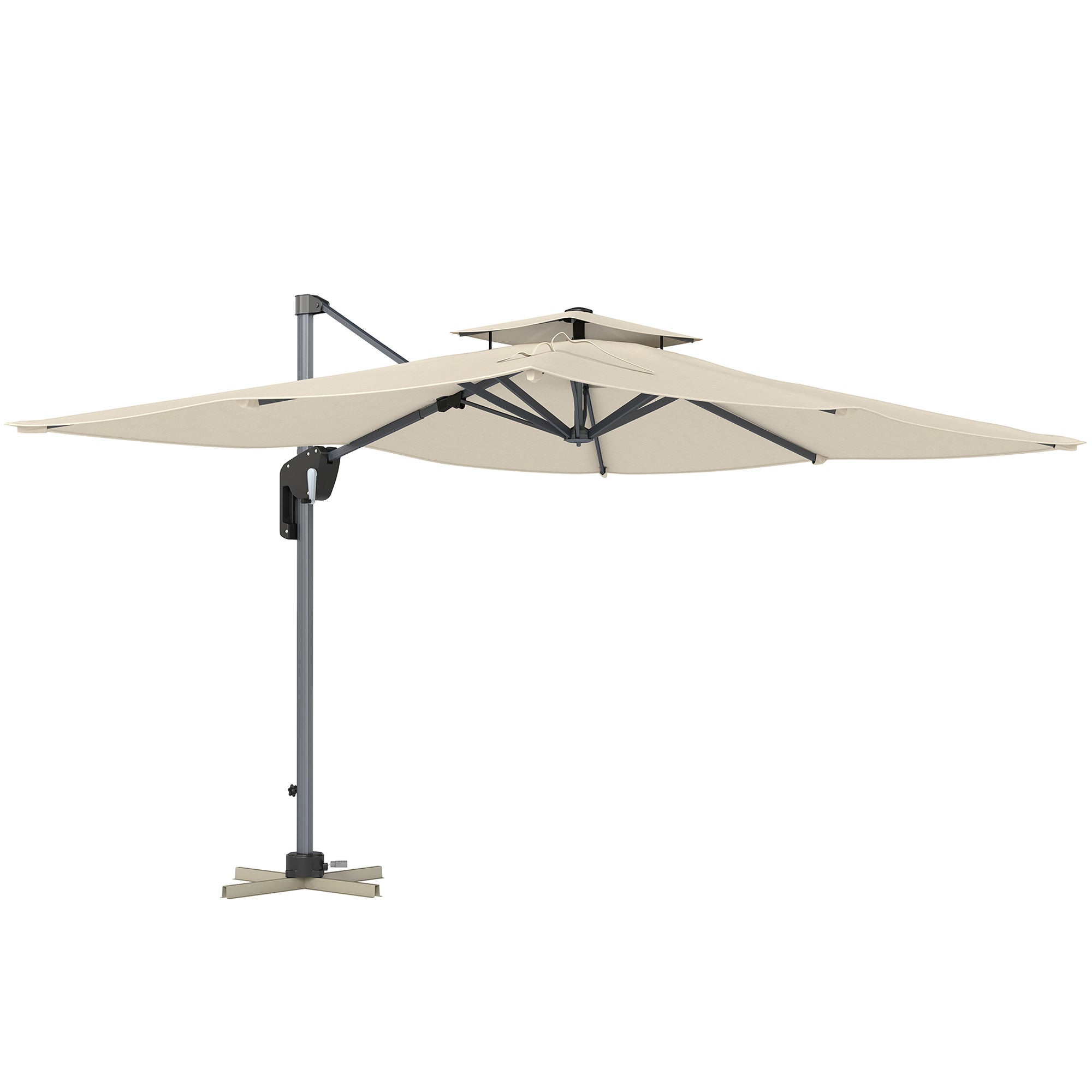 Outsunny 3.7 x 2.7 m Cantilever Parasol w/ 360° Rotation and Easy Tilt Adjustment, Aluminium Hanging Offset Outdoor Umbrella w/ Double Top and Cross Base, UPF50+ Hanging Sun Shade, Grey Wood Effect - North Peak Garden Furniture
