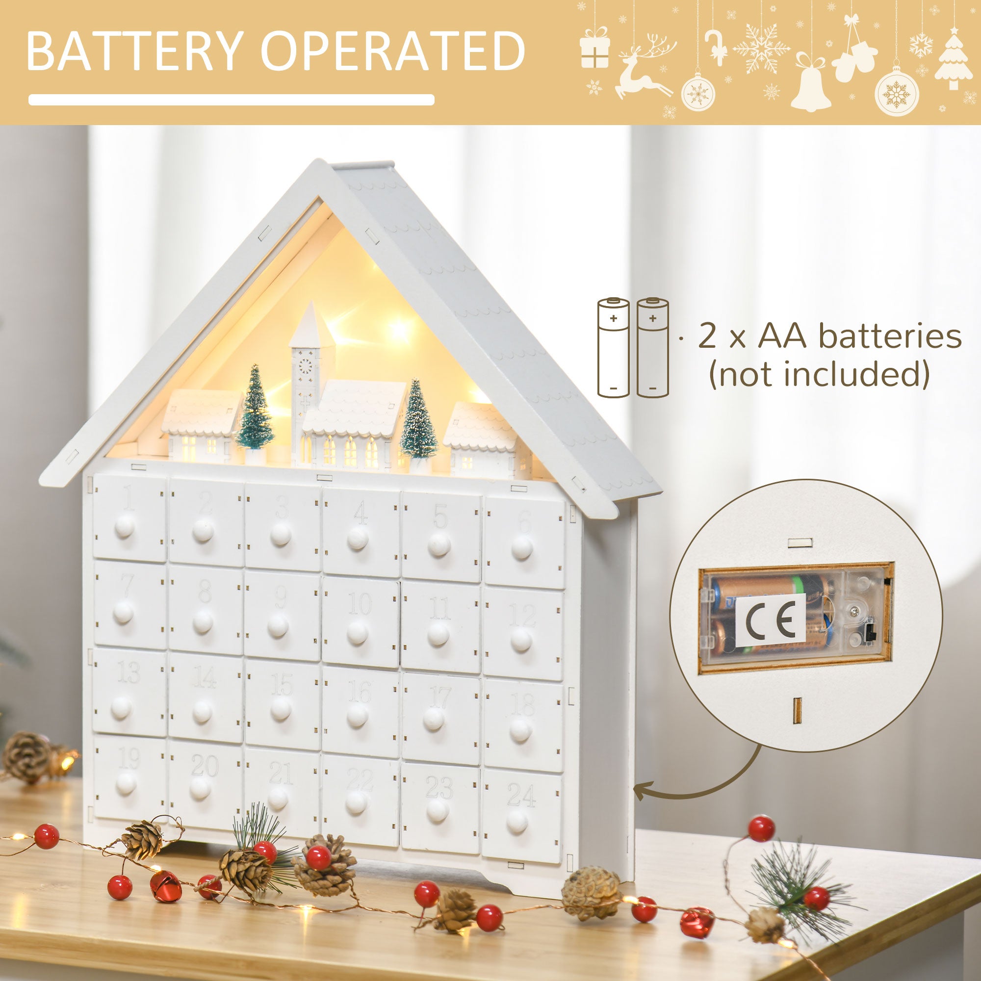 HOMCOM 24-Drawer Christmas Advent Calendar, Wooden Light-Up Traditional Decoration, Adults Kids Countdown Holiday House w/ Lights Handle White - North Peak Garden Furniture