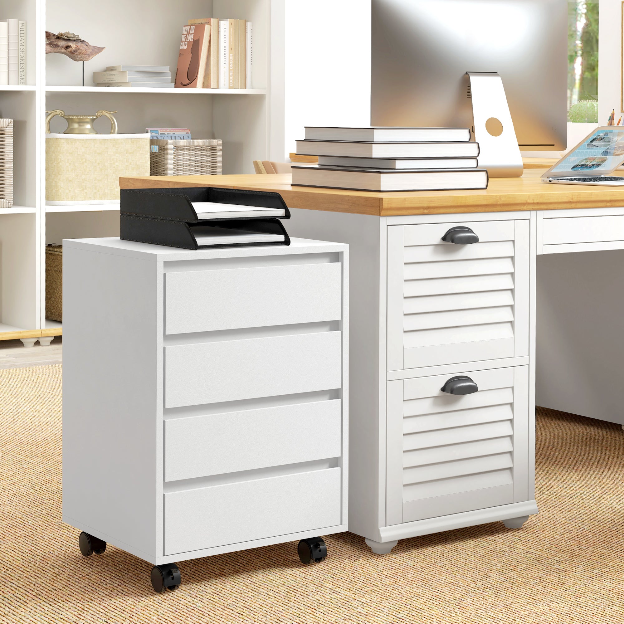 HOMCOM Four-Drawer Office Filing Cabinet, with Wheels - White - North Peak Garden Furniture