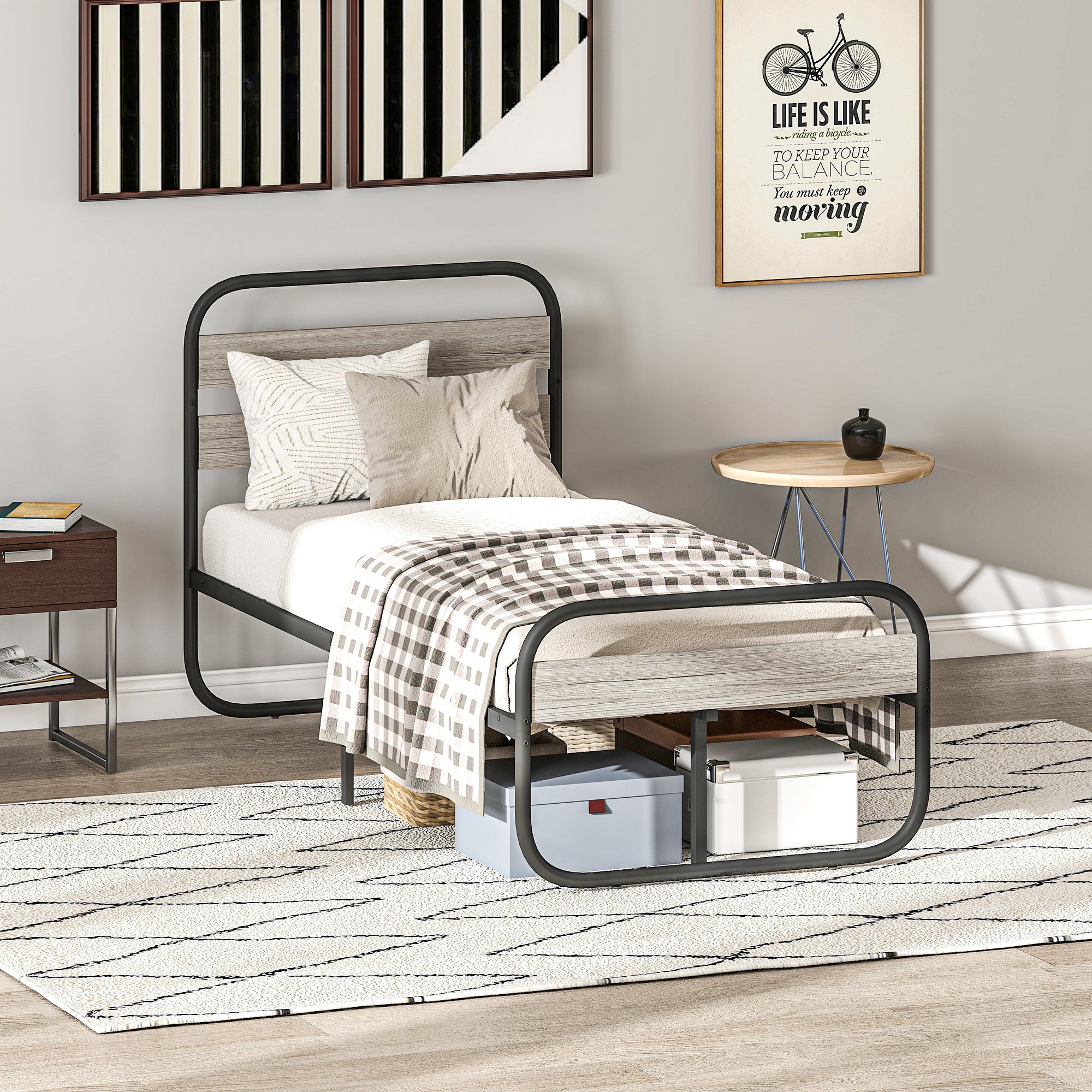 HOMCOM 3ft Single Bed Frame, Industrial Style Metal Platform Bed Frame with Under Bed Storage, No Box Spring Needed, Easy Assembly, Grey - North Peak Garden Furniture