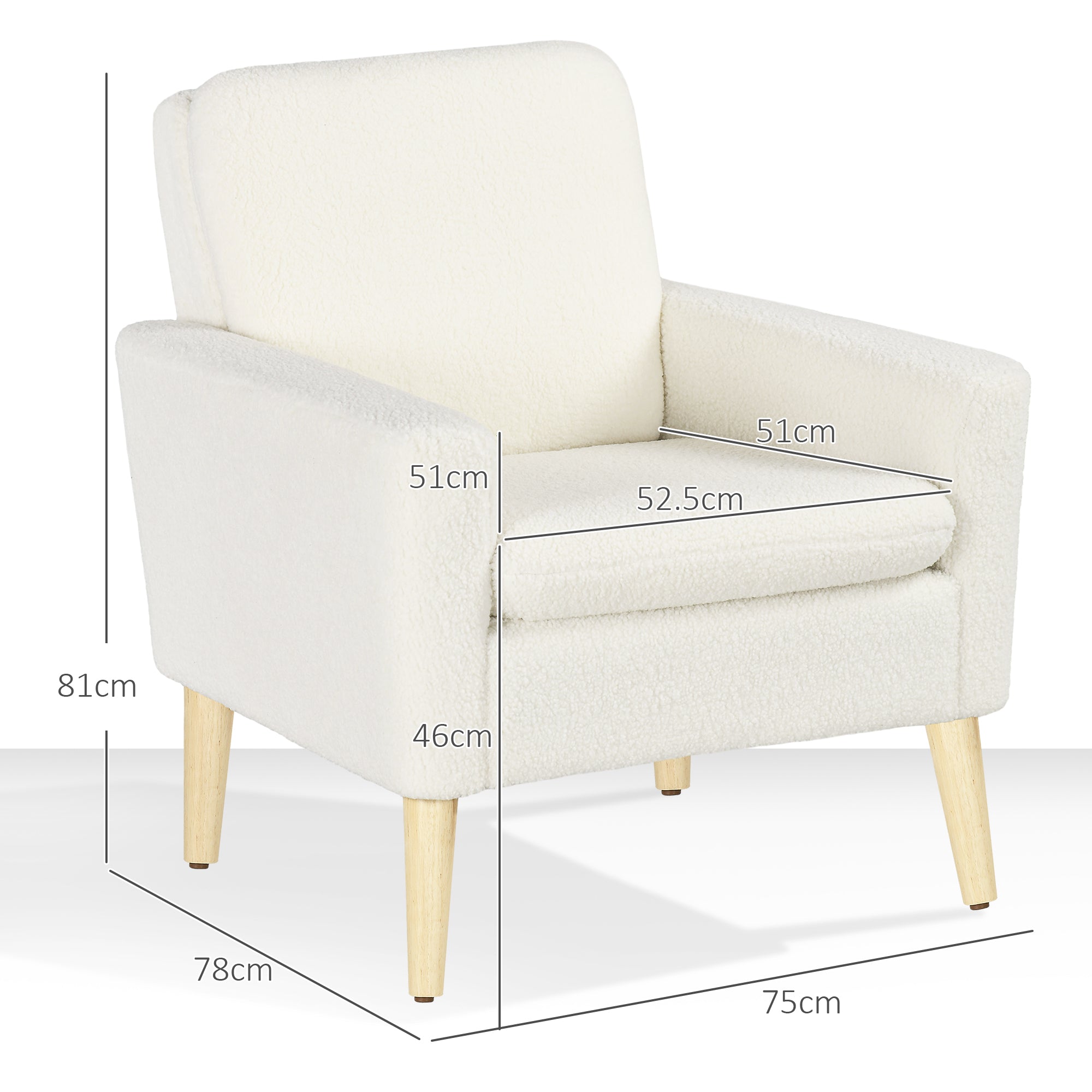 HOMCOM Armchair, Upholstered Accent Chair with Wood Legs and Wide Padded Seat, Teddy Occasional Chair, Cream White - North Peak Garden Furniture
