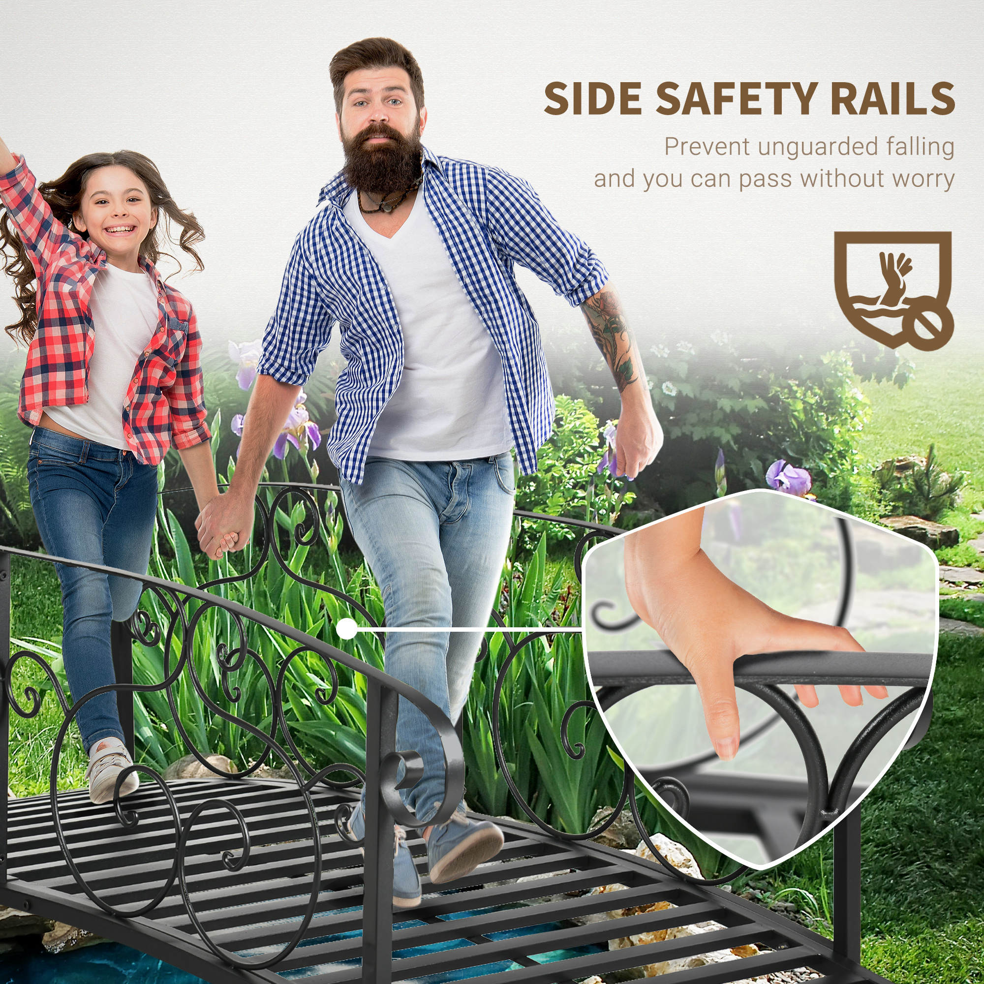 Outsunny 184cm Metal Arch Garden Garden Bridge, Safety Siderails, Arc Footbridge for Garden Creek, Stream, Pond, Black