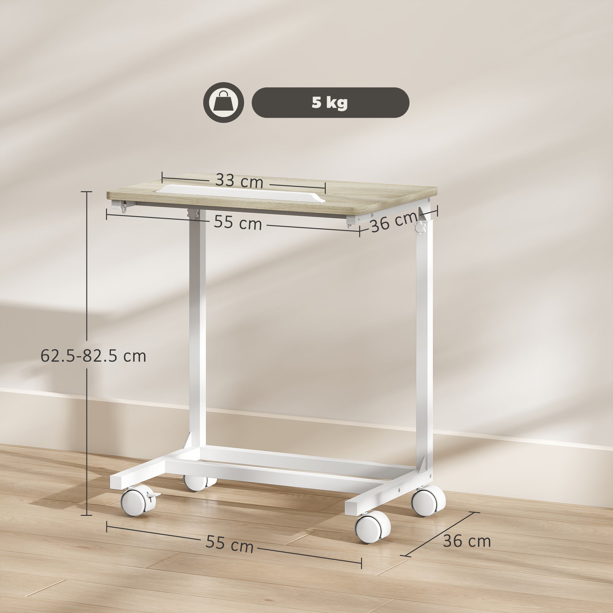 HOMCOM C-Shaped Sofa Side Table, Height Adjustable Overbed Table with Tilting Desktop, Mobile Laptop Desk for Living Room Bedroom, Oak and White - North Peak Garden Furniture