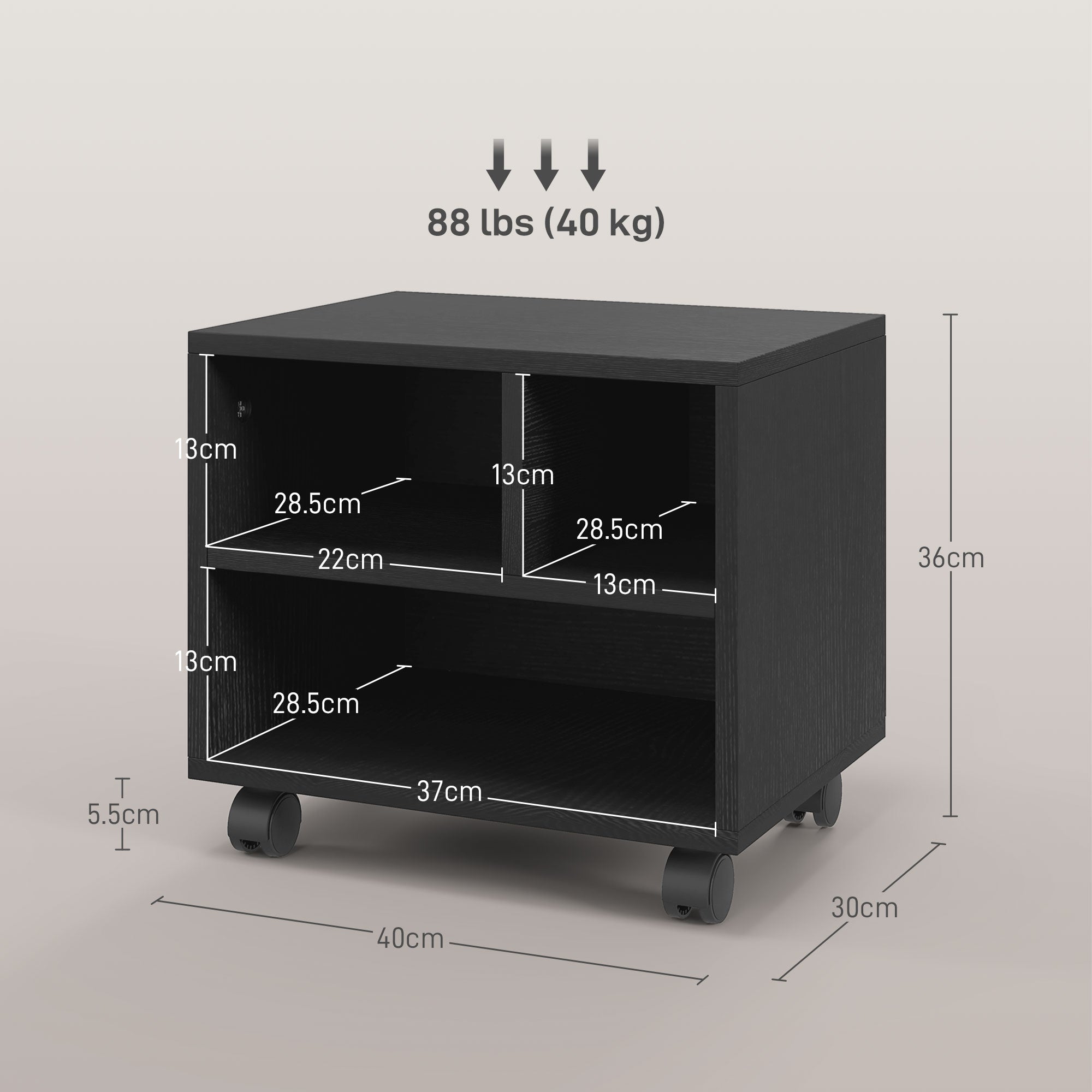HOMCOM Three-Compartment Printer Cabinet, with Wheels - Black - North Peak Garden Furniture