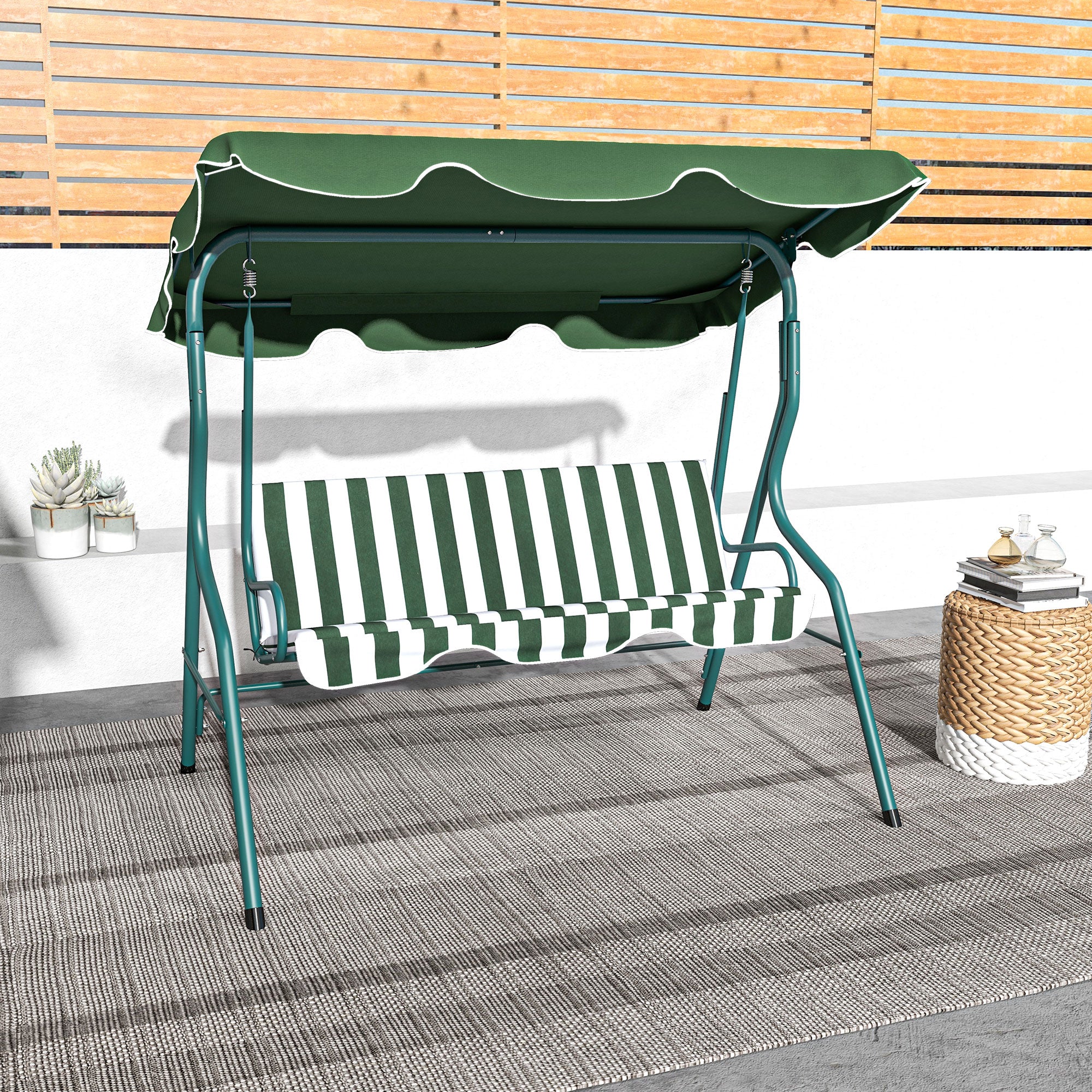 Outsunny 3 Seater Garden Swing Seat Chair Outdoor Bench with Adjustable Canopy and Metal Frame, Green Stripes