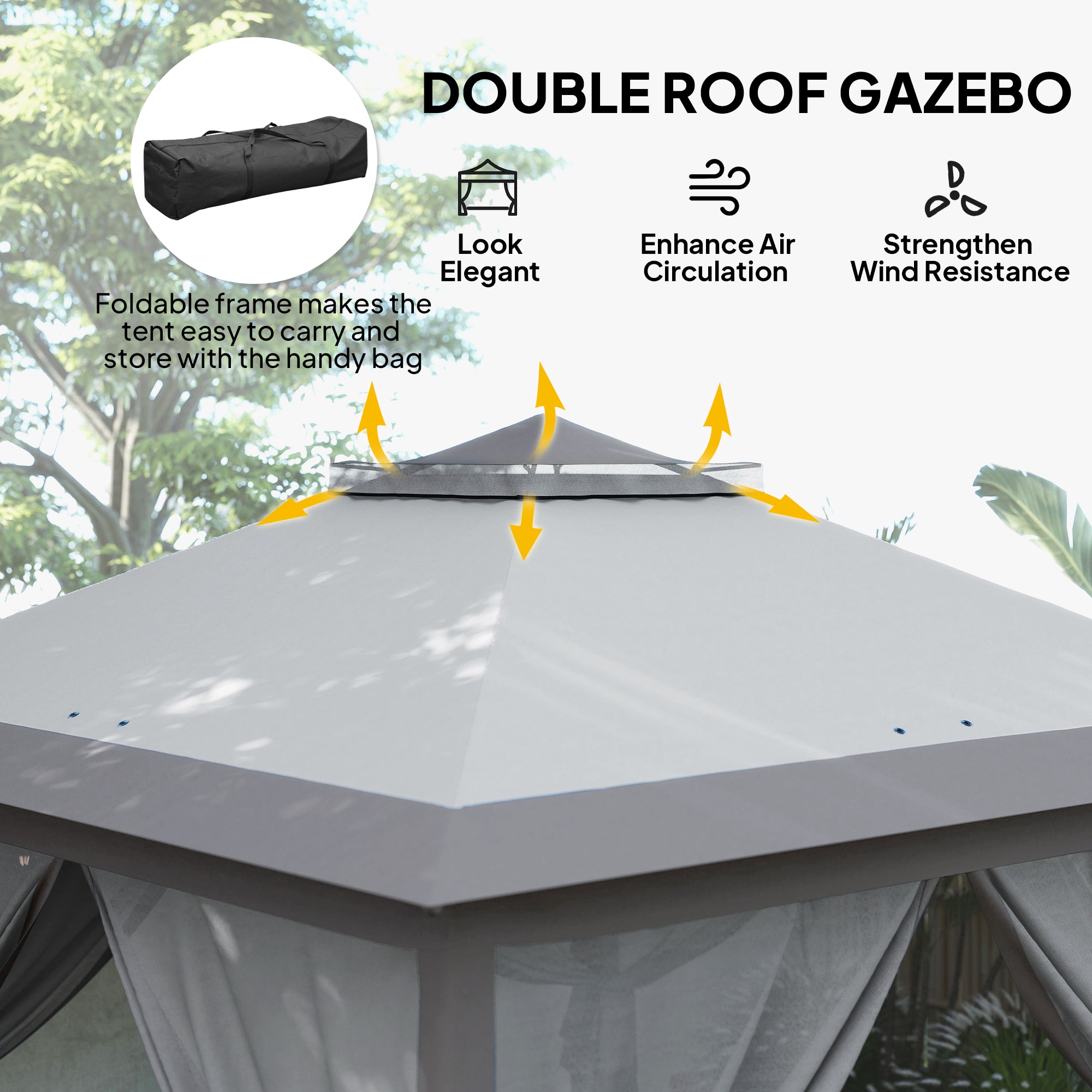 Outsunny 330cm x 330cm Pop Up Canopy, Double Roof Foldable Canopy Tent with Zipped Mesh Sidewalls, Height Adjustable and Carrying Bag, Event Tent for Patio Garden, Grey