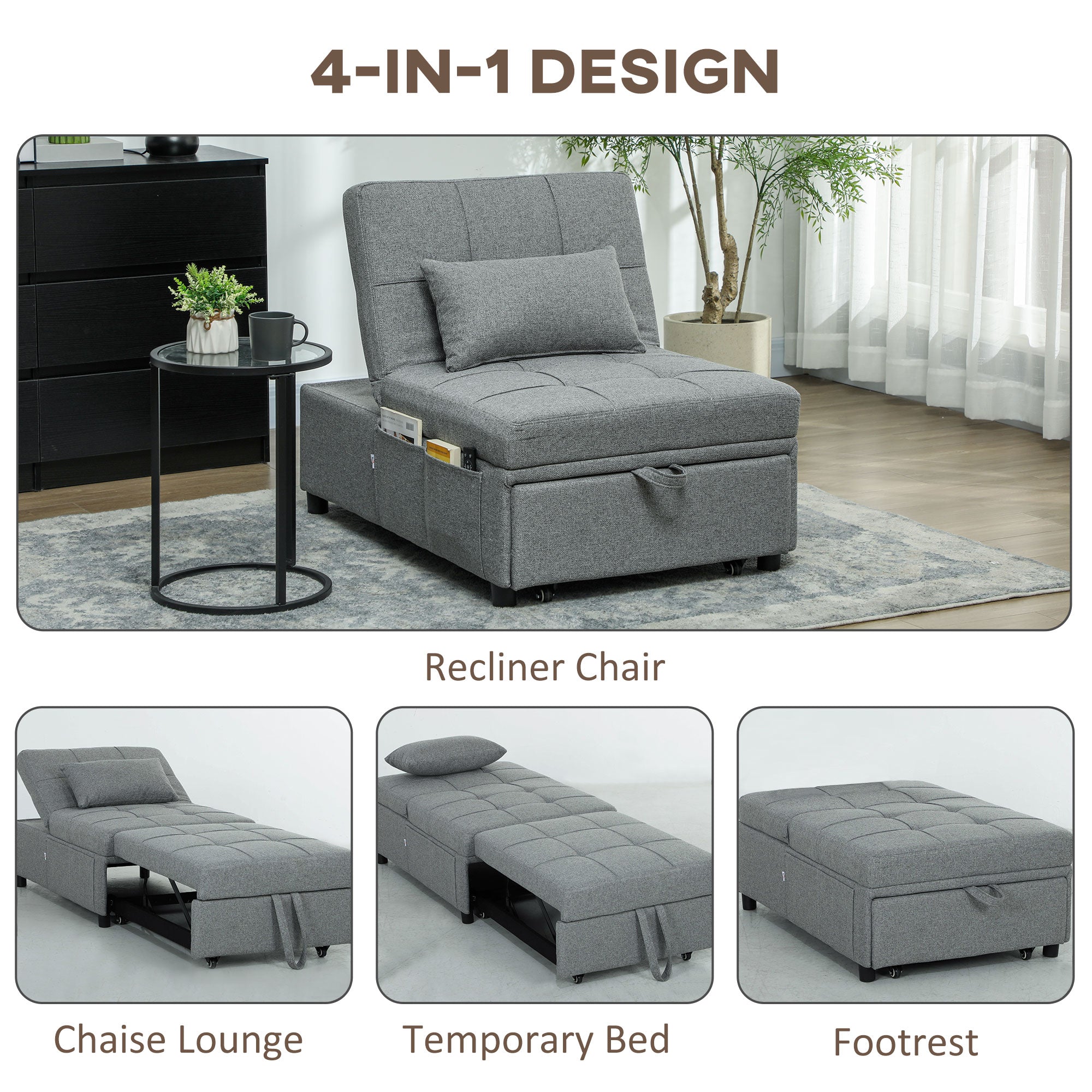 HOMCOM Four-In-One Single Sleeper Chair - Dark Grey - North Peak Garden Furniture