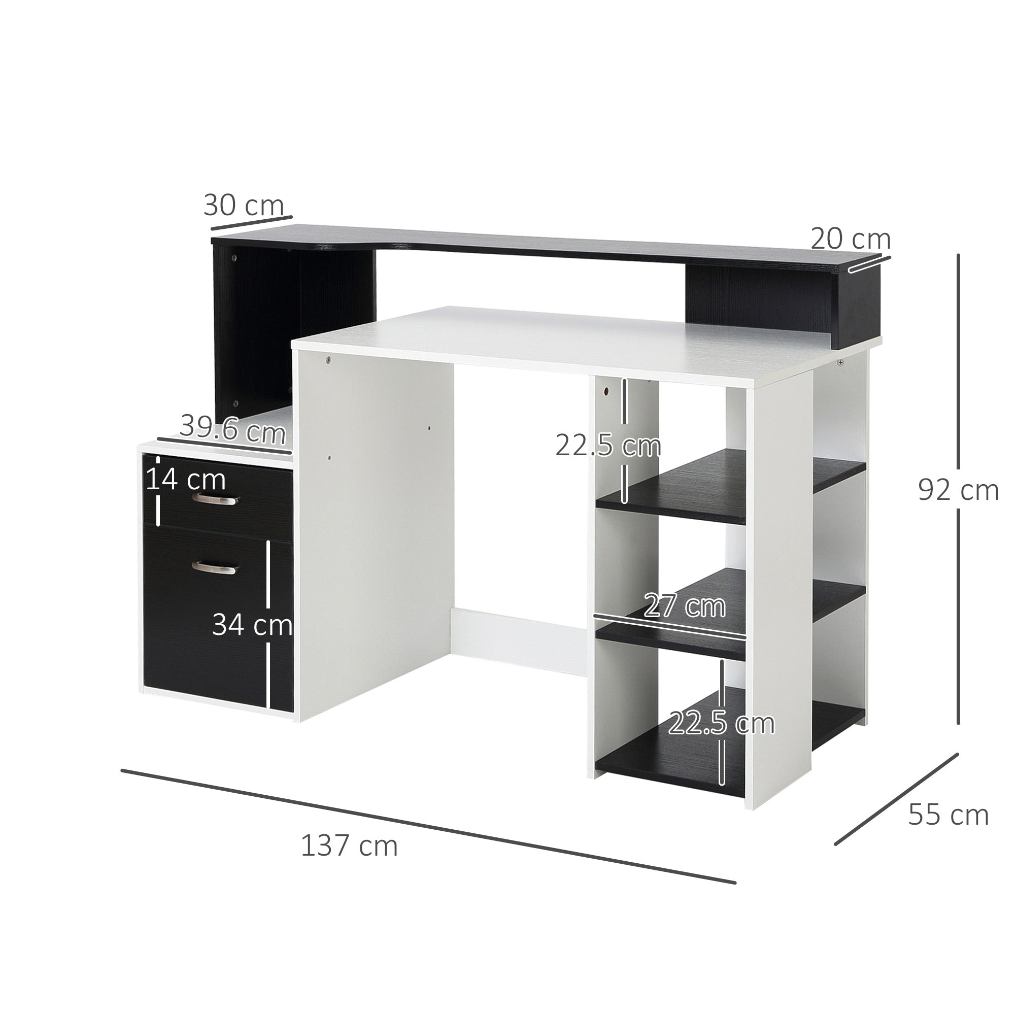HOMCOM Computer Desk with Drawers and Storage Shelves, Reception Desk, Study Workstation for Home Office, 137 x 55 x 92cm, Black and White - North Peak Garden Furniture