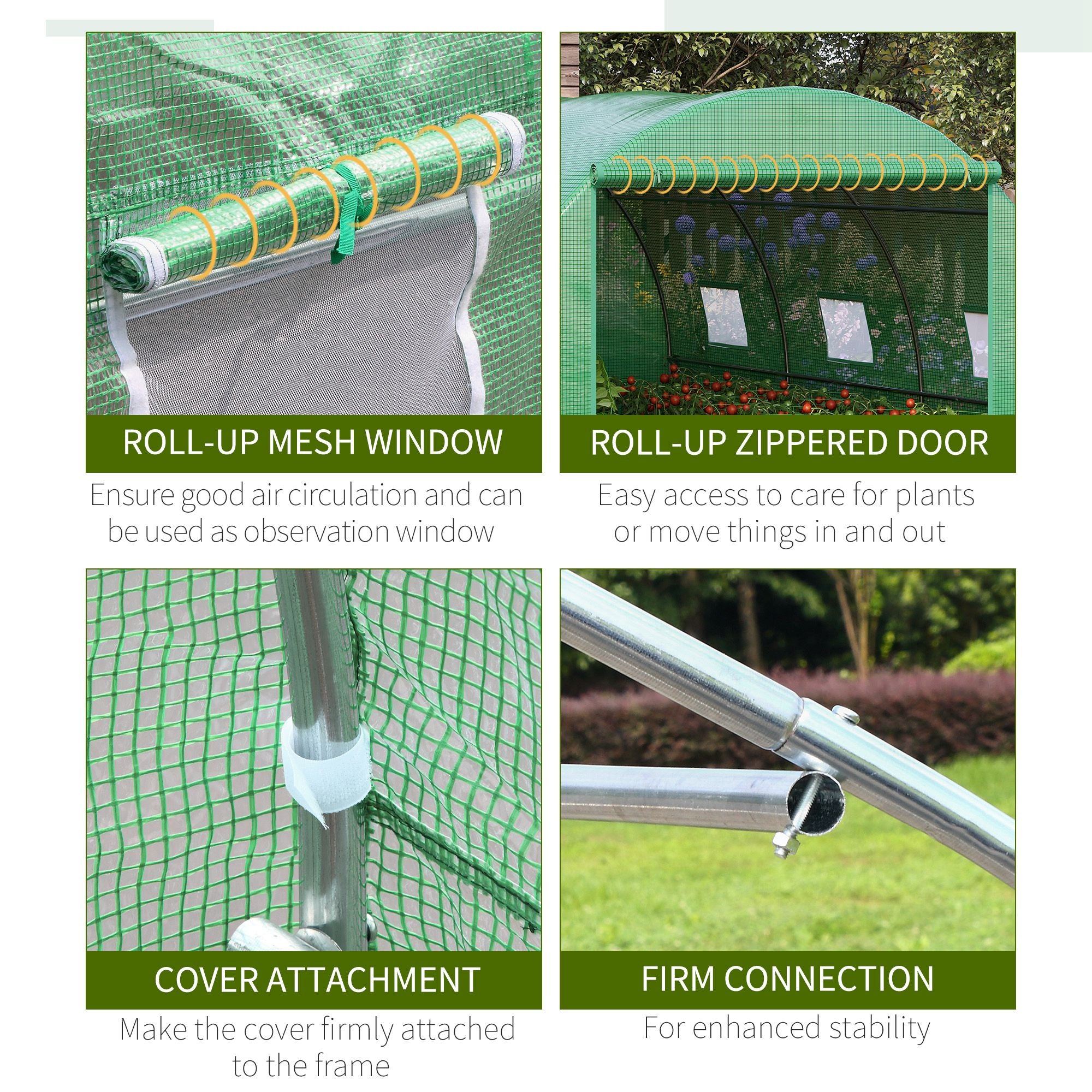 Outsunny Walk-in Polytunnel Greenhouse, Outdoor Garden Tunnel Greenhouse Tent with Zipped Roll-Up Door and 6 Mesh Windows, 4 x 3M