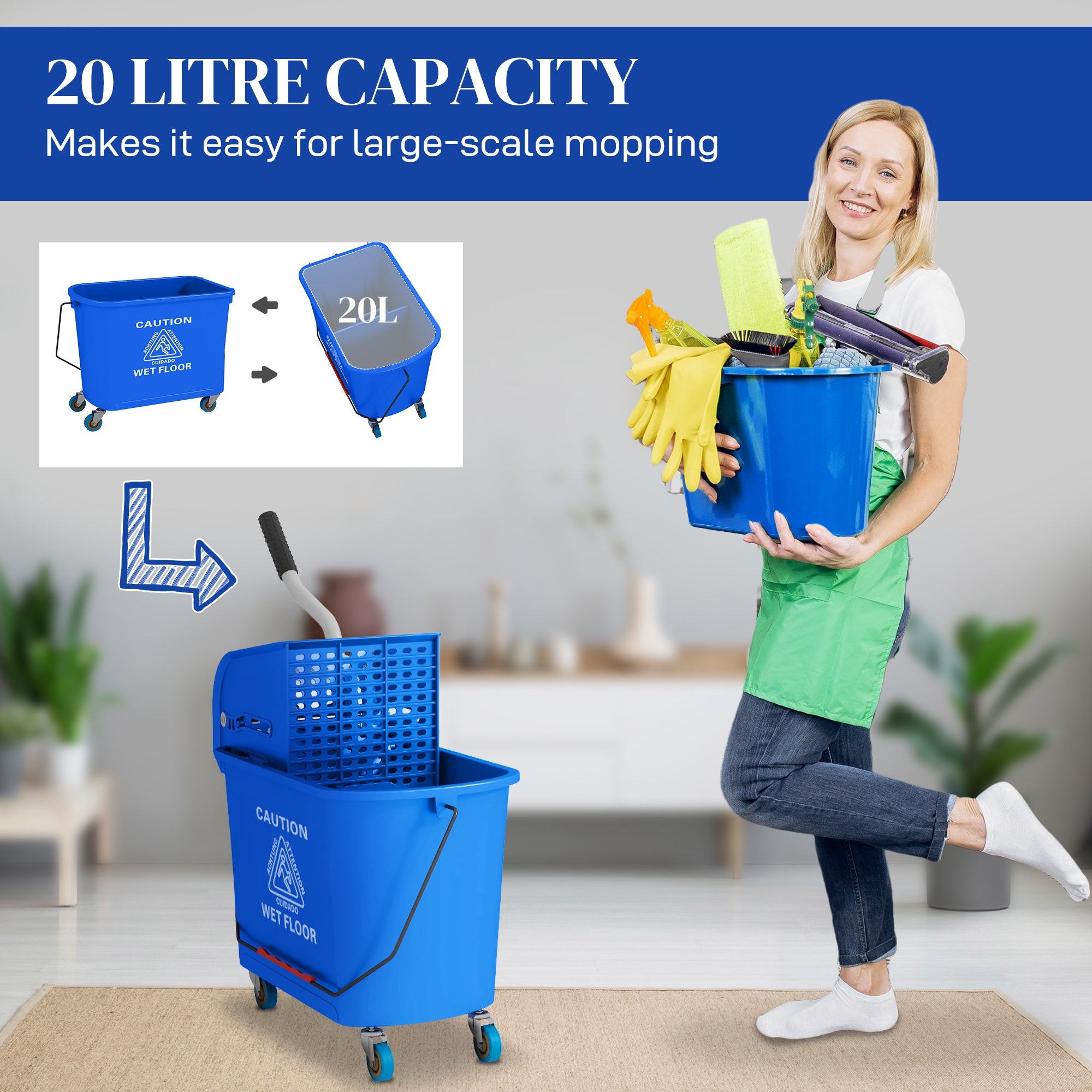 HOMCOM 20L Mop Bucket on Wheels, with Water Separation Panel - Blue - North Peak Garden Furniture