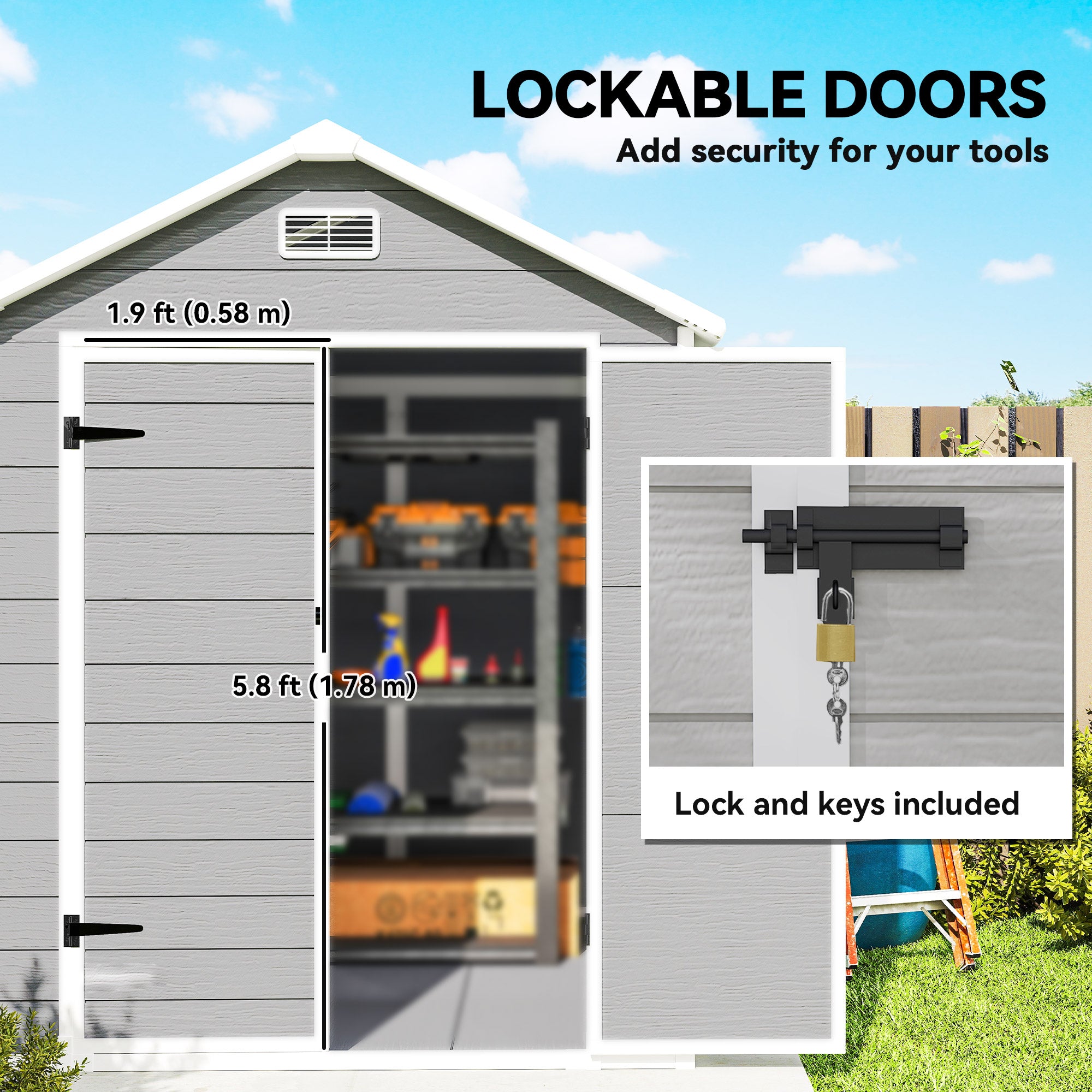 Outsunny 6 x 5ft Garden Shed, Plastic Shed with Floor, Window, Lockable Doors and Vents, Wood Effect Resin Tool Shed for Outdoor Patio, Dark Grey