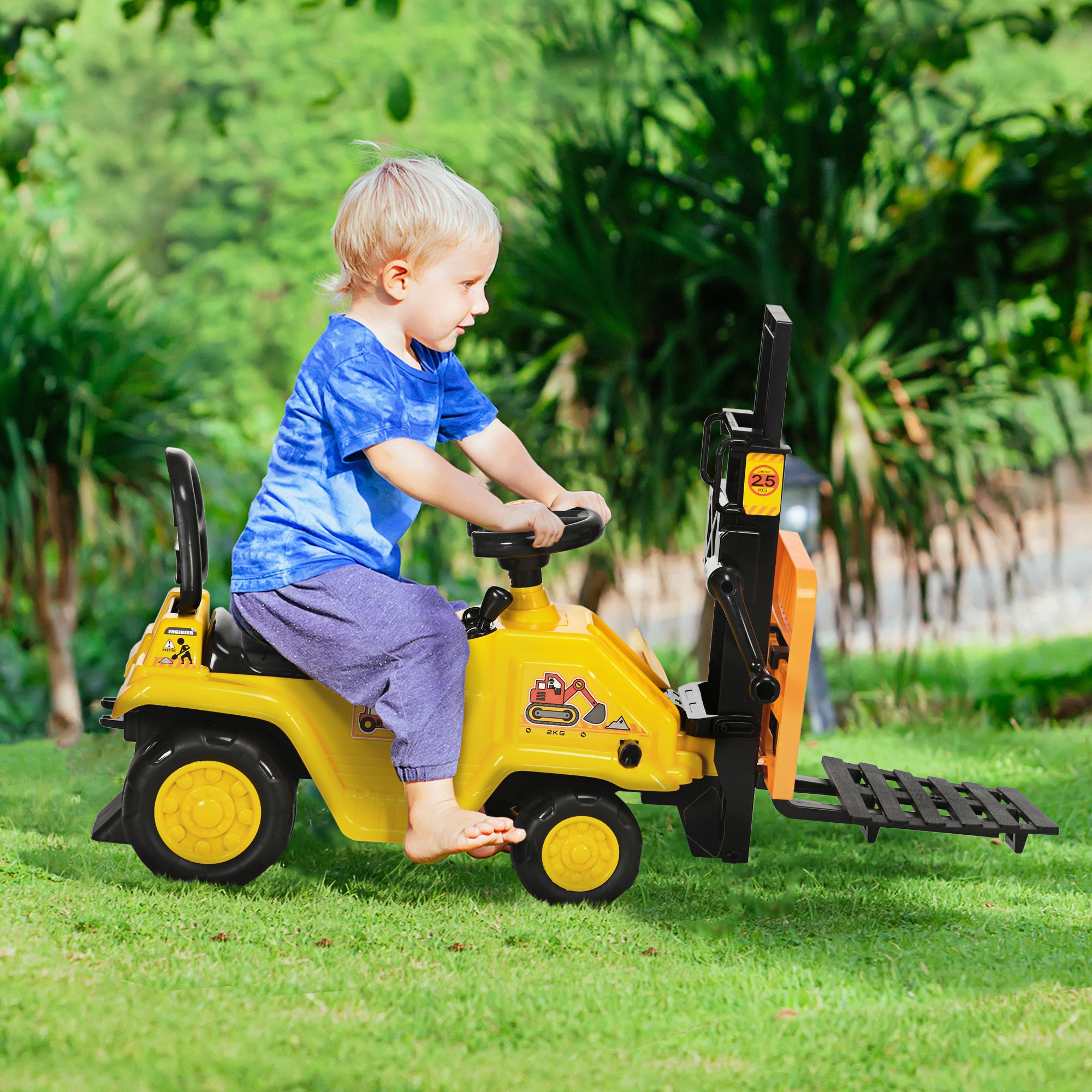 HOMCOM Kids Ride-On Construction Car, with Fork, Tray, Sounds - Yellow - North Peak Garden Furniture